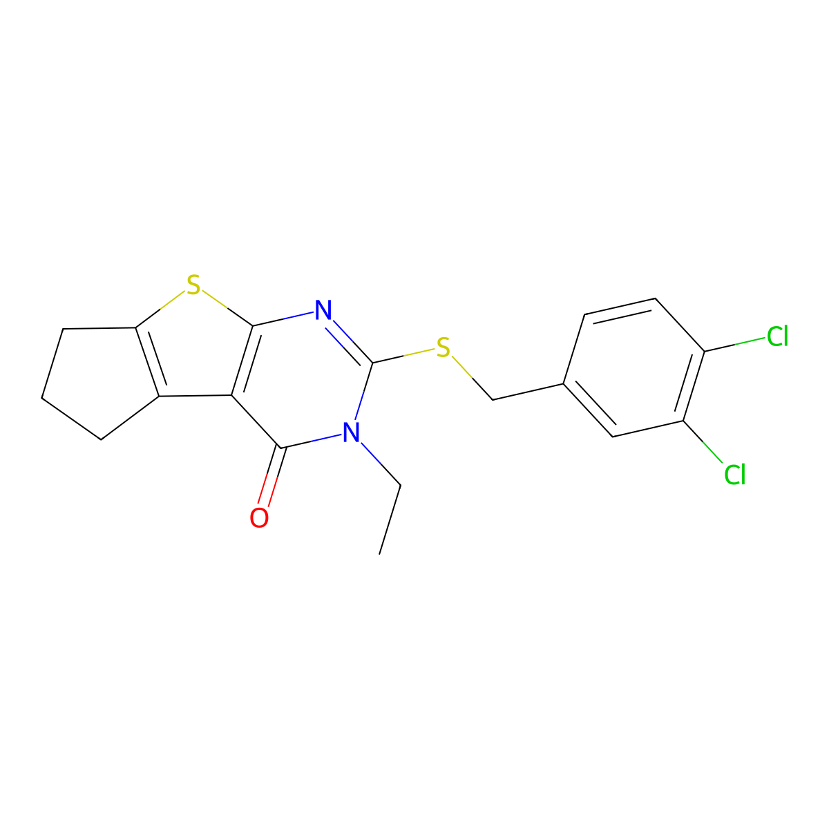 2-[(3,4-dichlorobenzyl)sulfanyl]-3-ethyl-3,5,6,7-tetrahydro-4H-cyclopenta[4,5]thieno[2,3-d]pyrimidin-4-one molecular structure, CAS 332145-43-4