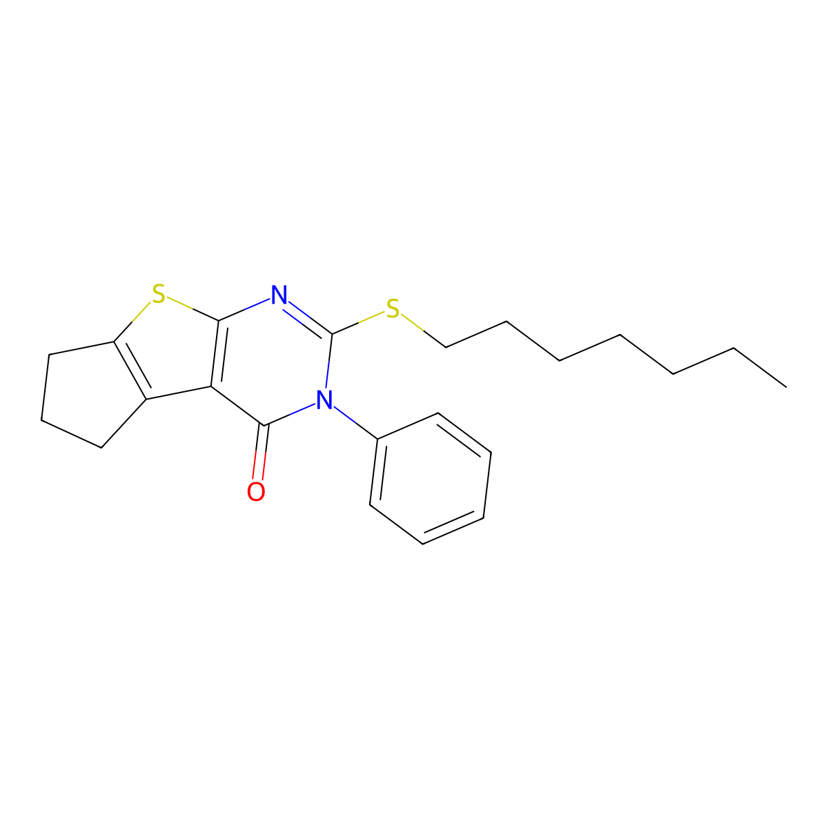 2-(heptylsulfanyl)-3-phenyl-3,5,6,7-tetrahydro-4H-cyclopenta[4,5]thieno[2,3-d]pyrimidin-4-one molecular structure, CAS 332145-44-5