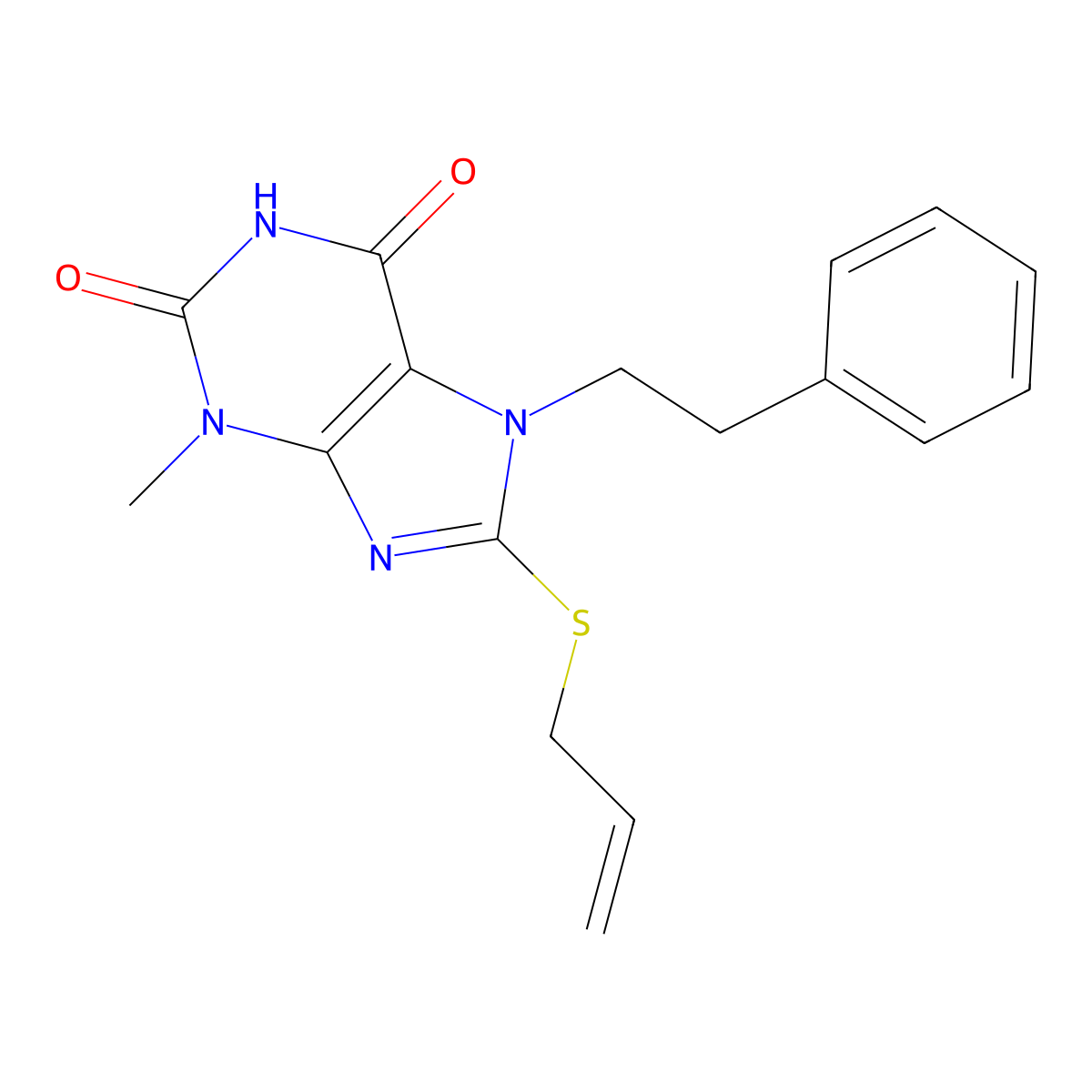 3-methyl-7-(2-phenylethyl)-8-(prop-2-en-1-ylsulfanyl)-3,7-dihydro-1H-purine-2,6-dione molecular structure, CAS 332149-58-3