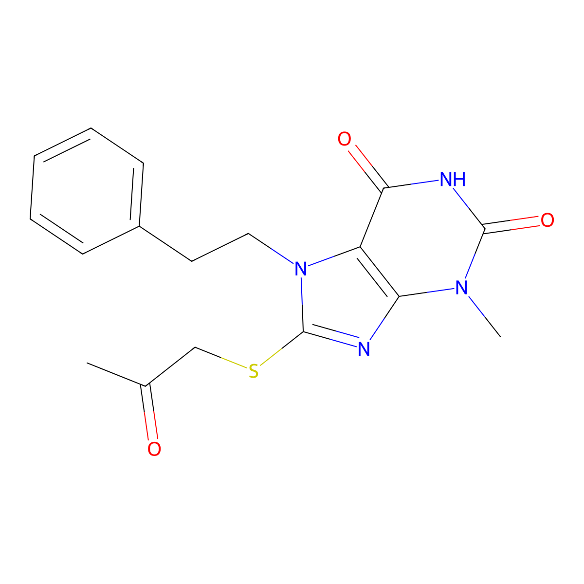 3-methyl-8-((2-oxopropyl)thio)-7-phenethyl-1H-purine-2,6(3H,7H)-dione molecular structure, CAS 332149-60-7