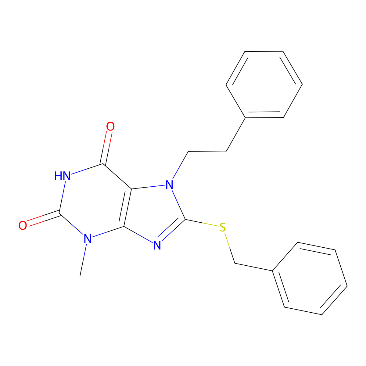 8-(benzylthio)-3-methyl-7-phenethyl-1H-purine-2,6(3H,7H)-dione molecular structure, CAS 332149-61-8
