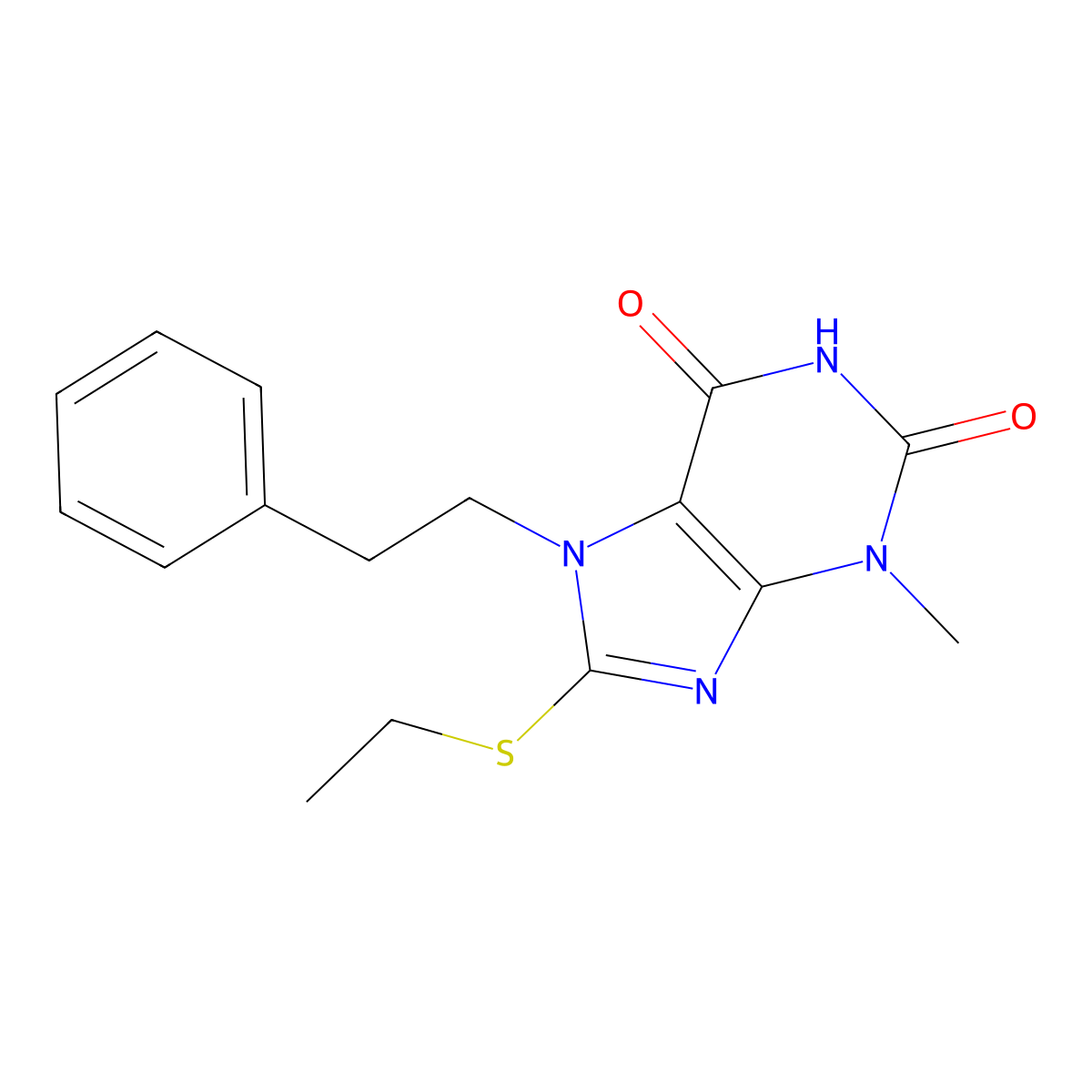 8-(ethylsulfanyl)-3-methyl-7-(2-phenylethyl)-3,7-dihydro-1H-purine-2,6-dione molecular structure, CAS 332149-66-3