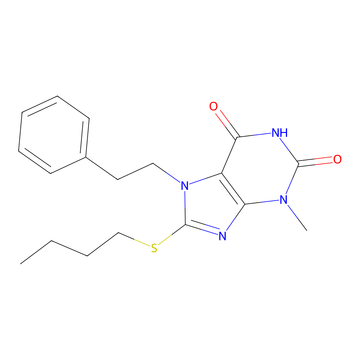 8-(butylsulfanyl)-3-methyl-7-(2-phenylethyl)-3,7-dihydro-1H-purine-2,6-dione molecular structure, CAS 332149-67-4