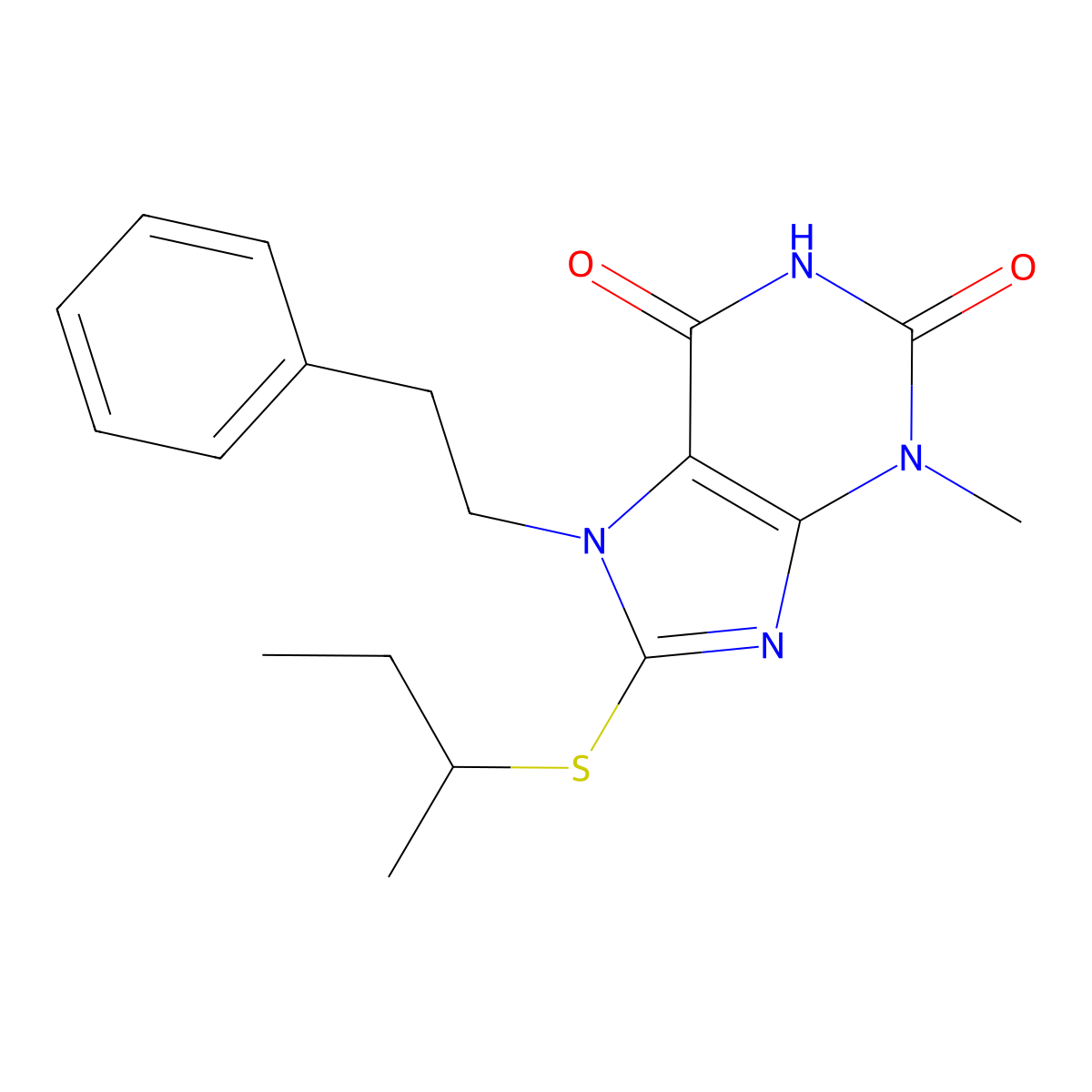 8-sec-Butylsulfanyl-3-methyl-7-phenethyl-3,7-dihydro-purine-2,6-dione molecular structure, CAS 332149-68-5