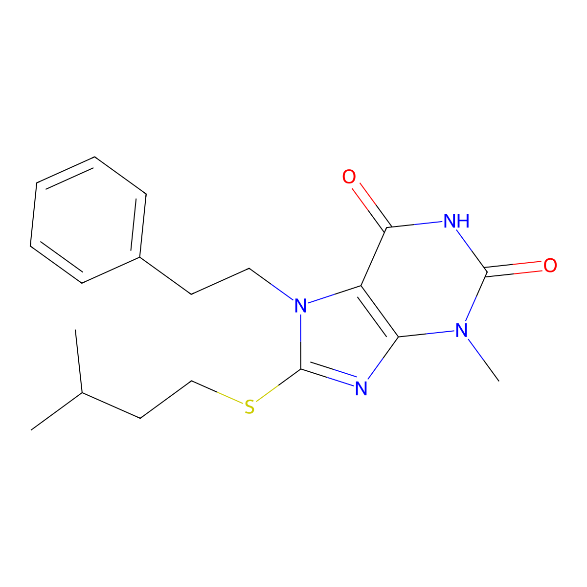 3-methyl-8-[(3-methylbutyl)sulfanyl]-7-(2-phenylethyl)-3,7-dihydro-1H-purine-2,6-dione molecular structure, CAS 332149-69-6