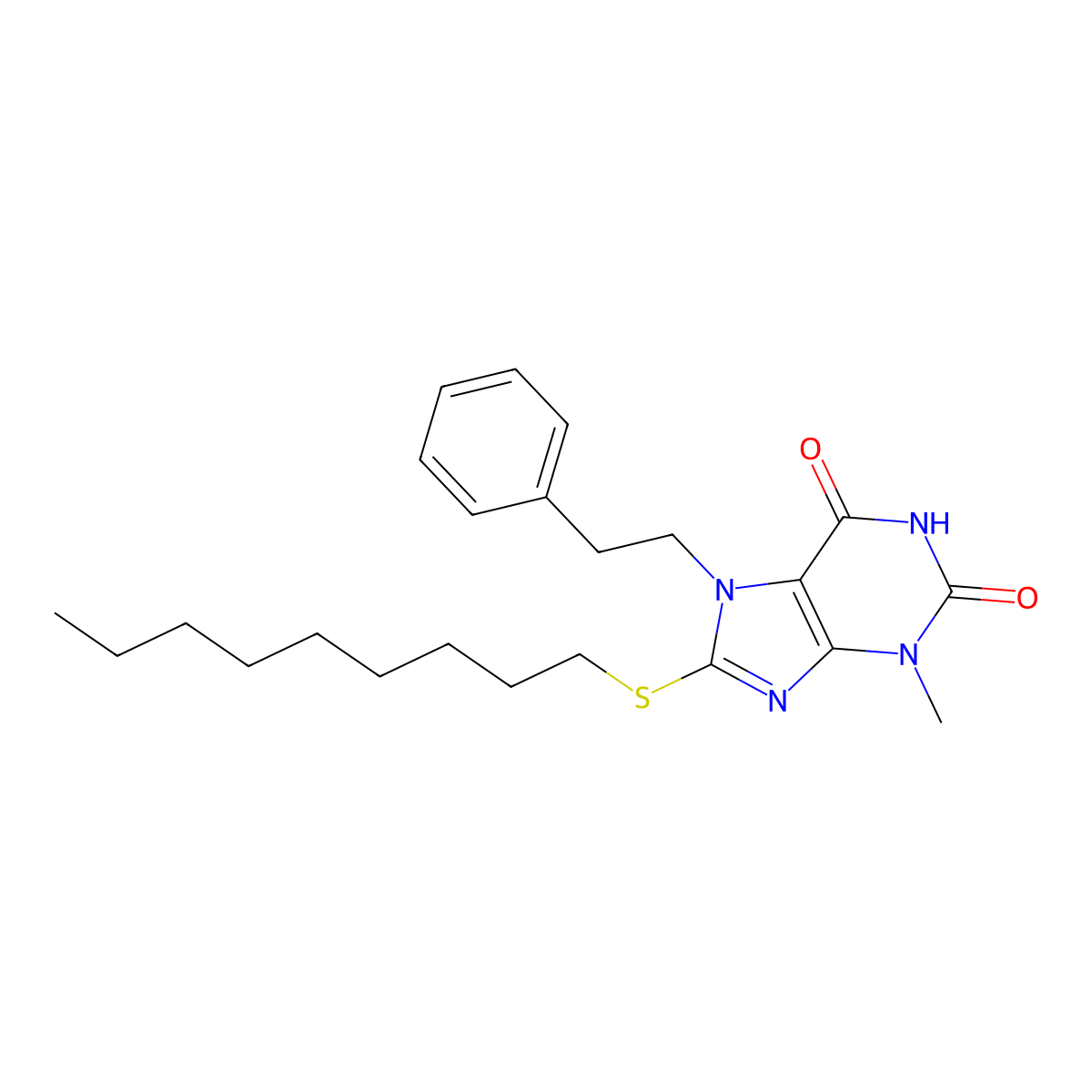3-methyl-8-(nonylsulfanyl)-7-(2-phenylethyl)-3,7-dihydro-1H-purine-2,6-dione molecular structure, CAS 332149-73-2