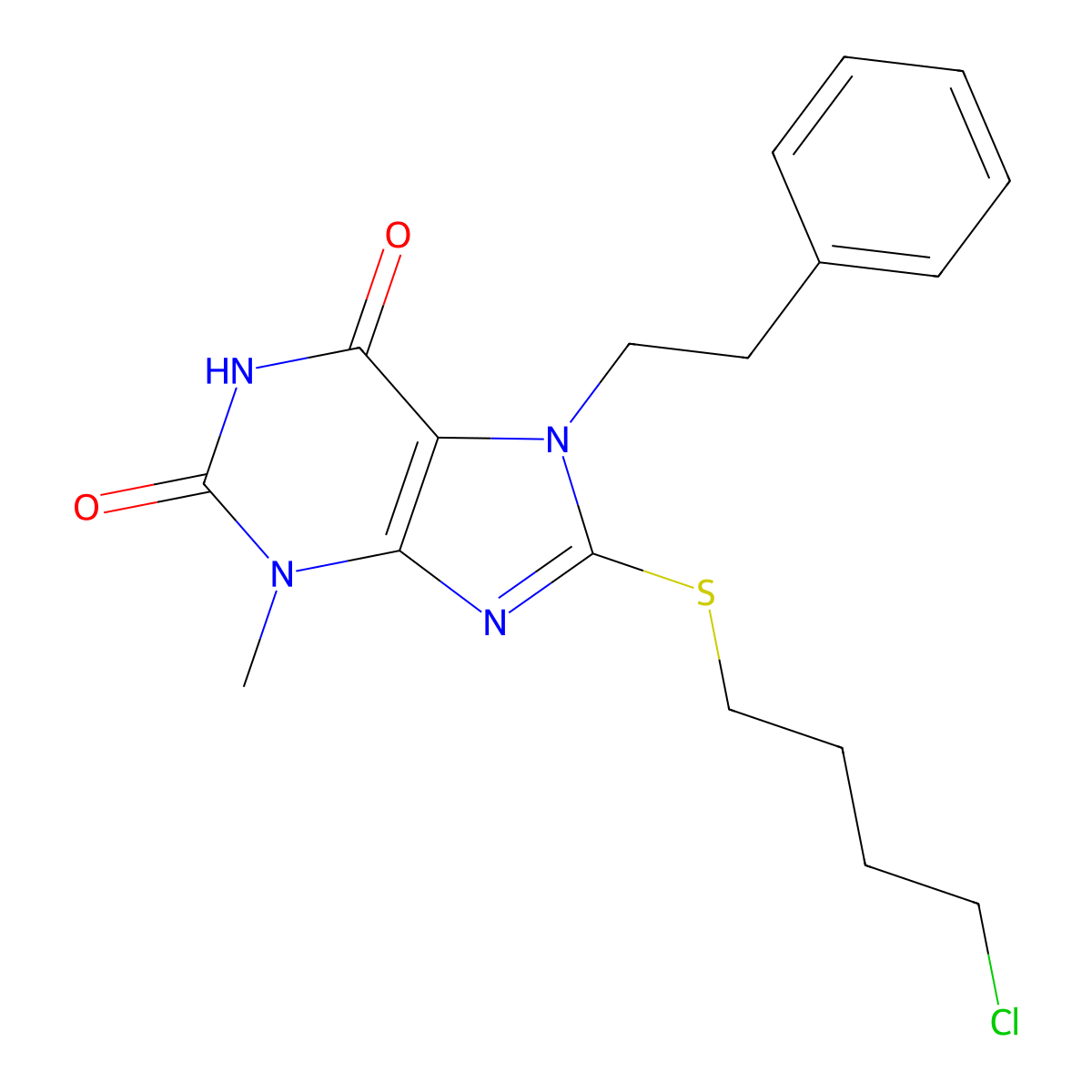 8-[(4-chlorobutyl)sulfanyl]-3-methyl-7-(2-phenylethyl)-3,7-dihydro-1H-purine-2,6-dione molecular structure, CAS 332149-75-4