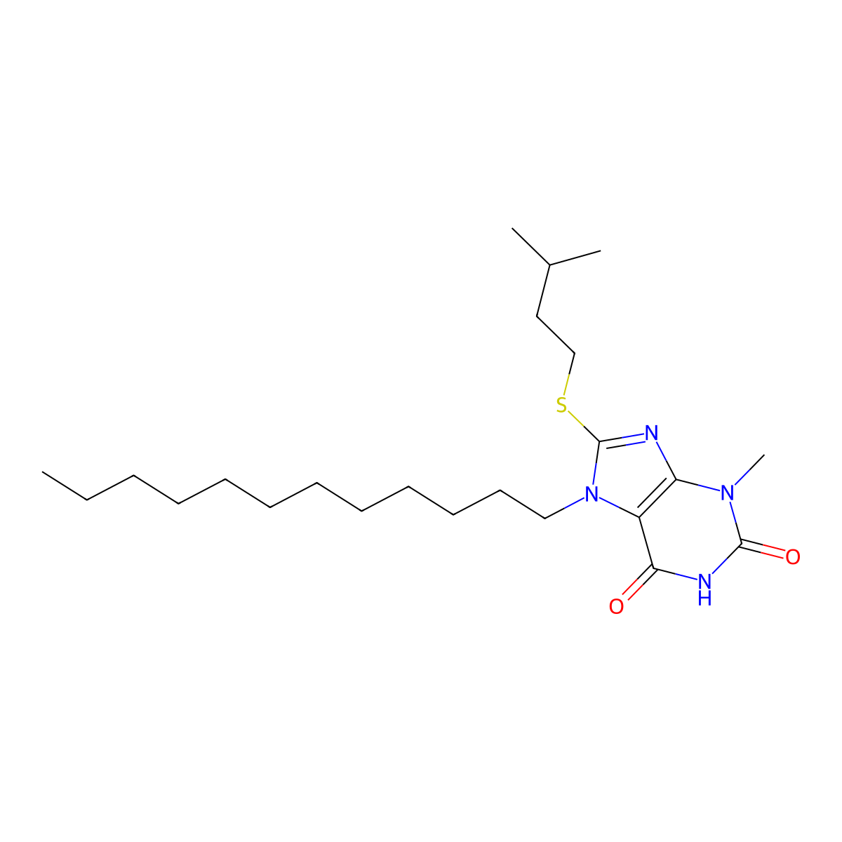7-dodecyl-8-(isopentylsulfanyl)-3-methyl-3,7-dihydro-1H-purine-2,6-dione molecular structure, CAS 332151-09-4