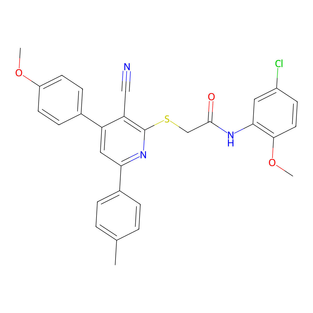 N-(5-Chloro-2-methoxyphenyl)-2-[[3-cyano-4-(4-methoxyphenyl)-6-(4-methylphenyl)-2-pyridinyl]thio]acetamide molecular structure, CAS 332154-64-0
