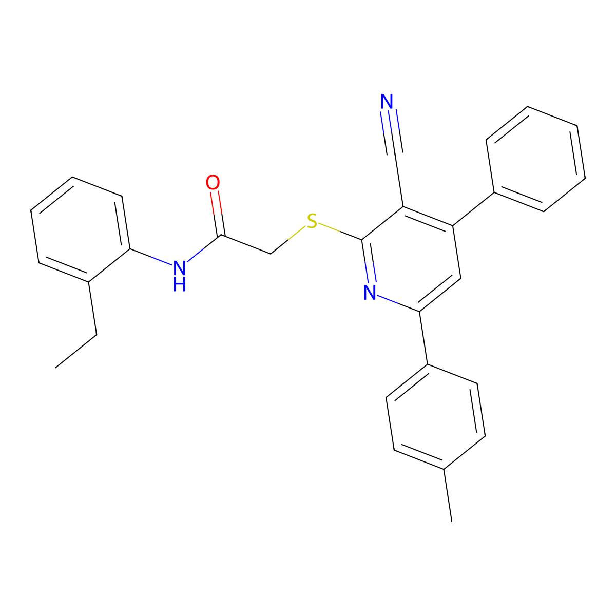 2-((3-Cyano-4-phenyl-6-(p-tolyl)pyridin-2-yl)thio)-N-(2-ethylphenyl)acetamide molecular structure, CAS 332154-83-3