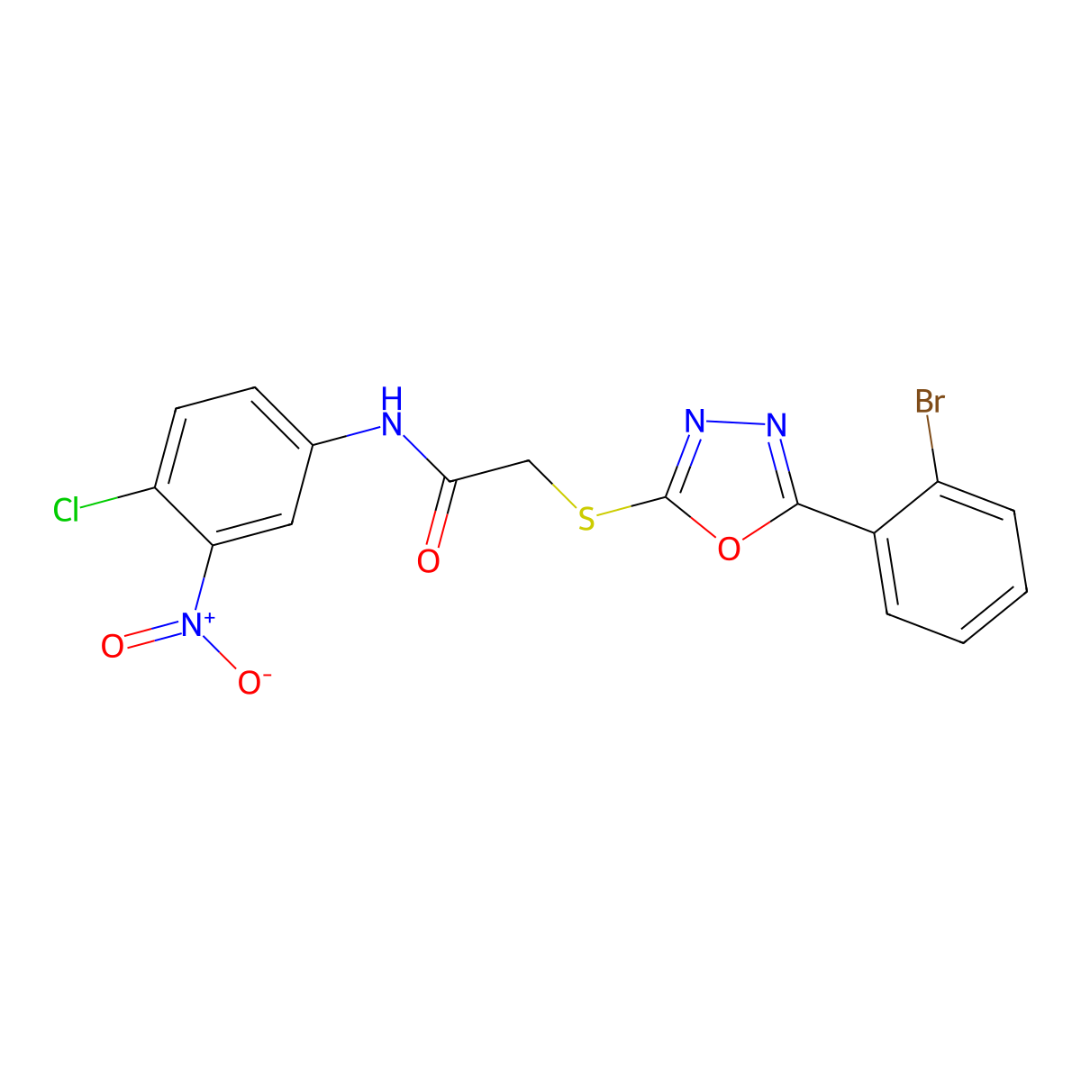 2-((5-(2-Bromophenyl)-1,3,4-oxadiazol-2-yl)thio)-N-(4-chloro-3-nitrophenyl)acetamide molecular structure, CAS 332154-88-8