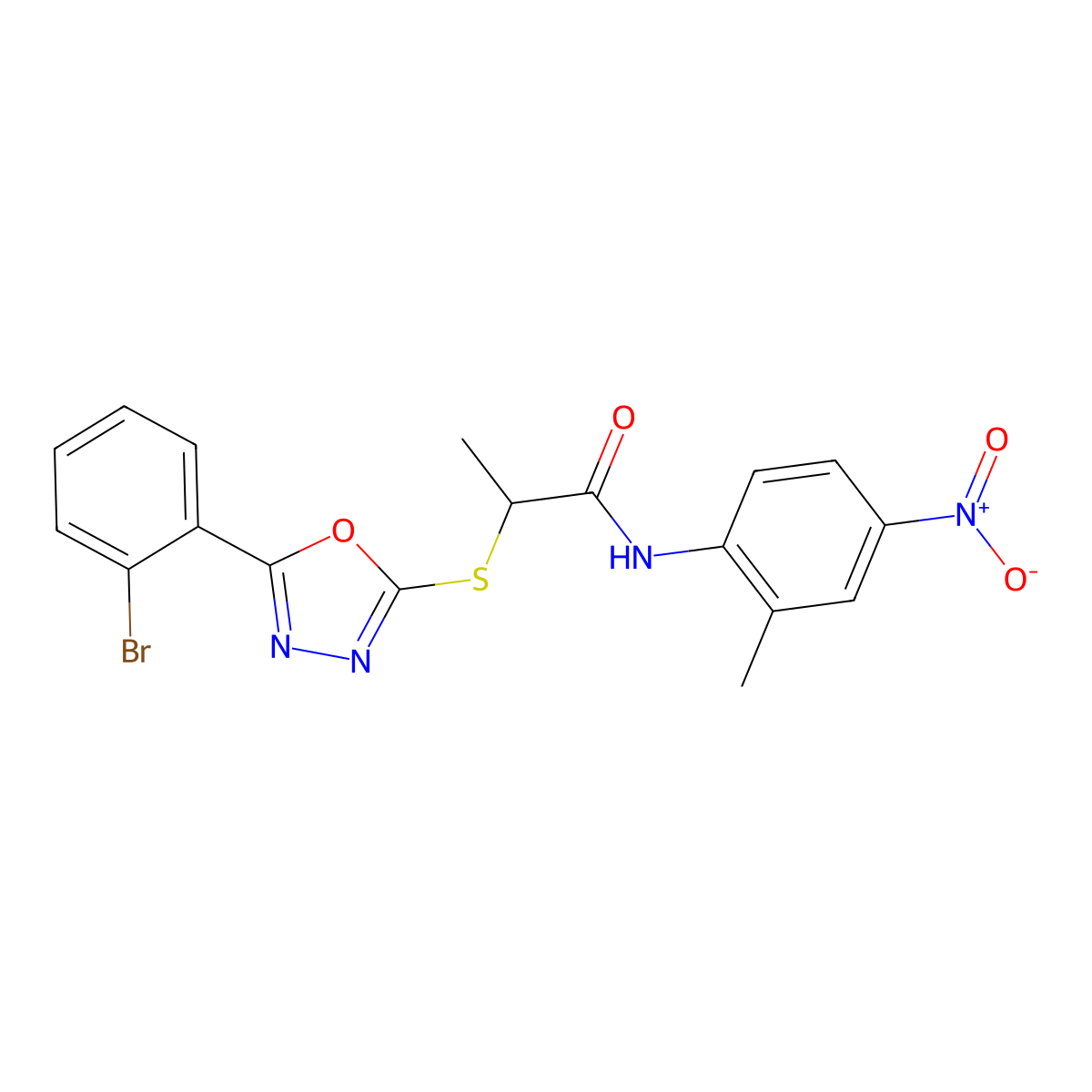 2-((5-(2-Bromophenyl)-1,3,4-oxadiazol-2-yl)thio)-N-(2-methyl-4-nitrophenyl)propanamide molecular structure, CAS 332154-89-9