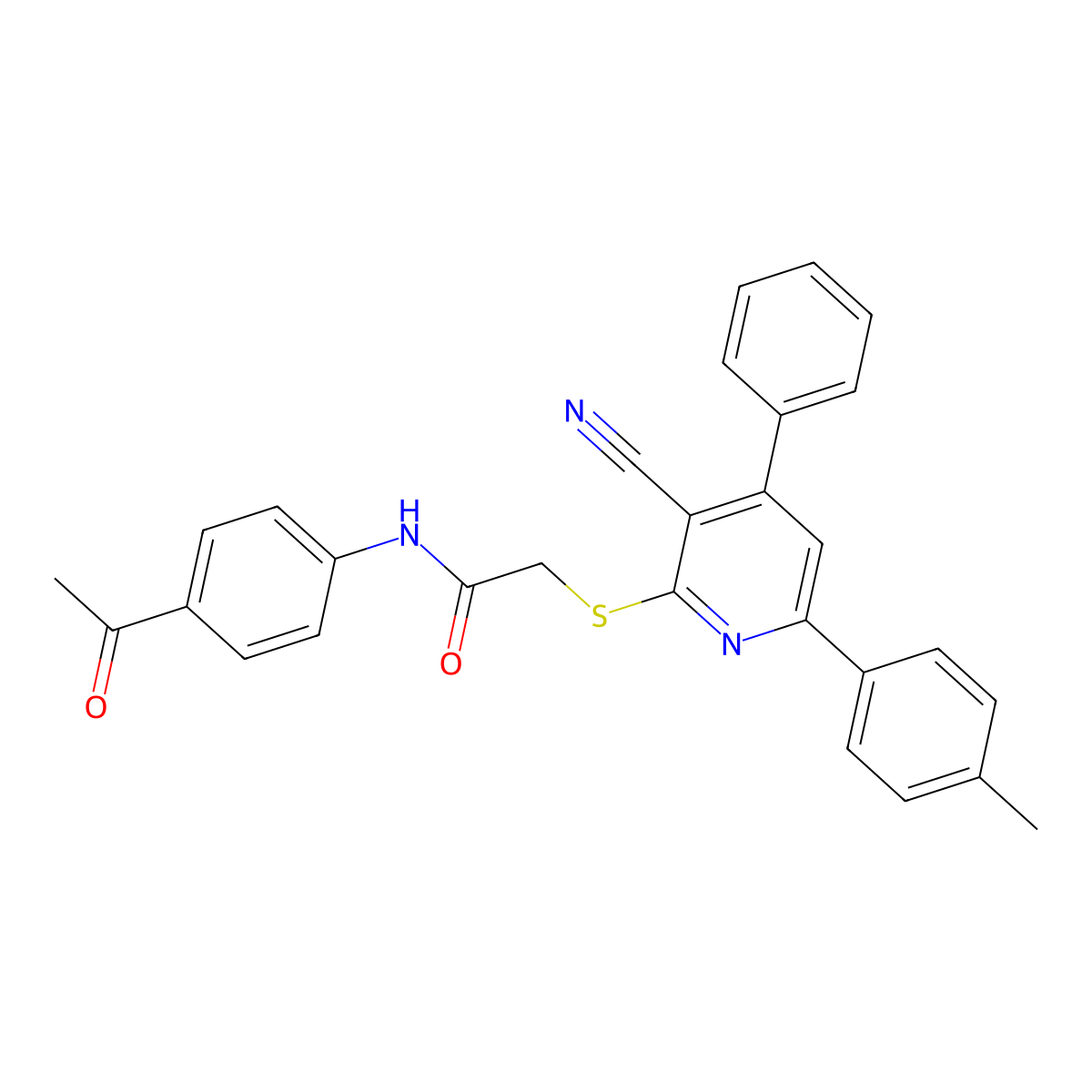 N-(4-Acetylphenyl)-2-((3-cyano-4-phenyl-6-(p-tolyl)pyridin-2-yl)thio)acetamide molecular structure, CAS 332154-99-1