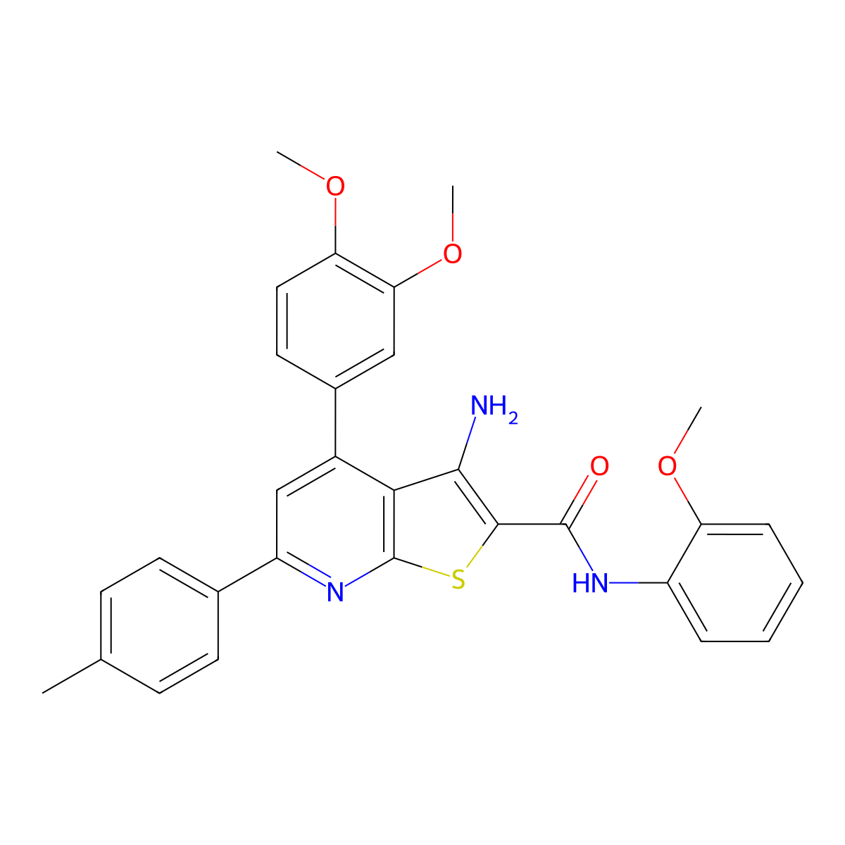 3-Amino-4-(3,4-dimethoxyphenyl)-N-(2-methoxyphenyl)-6-(p-tolyl)thieno[2,3-b]pyridine-2-carboxamide molecular structure, CAS 332155-11-0