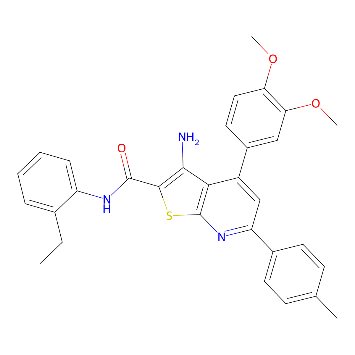 3-Amino-4-(3,4-dimethoxyphenyl)-N-(2-ethylphenyl)-6-(p-tolyl)thieno[2,3-b]pyridine-2-carboxamide molecular structure, CAS 332155-13-2