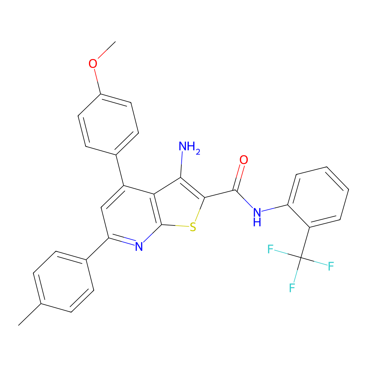 3-Amino-4-(4-methoxyphenyl)-6-(p-tolyl)-N-(2-(trifluoromethyl)phenyl)thieno[2,3-b]pyridine-2-carboxamide molecular structure, CAS 332155-24-5