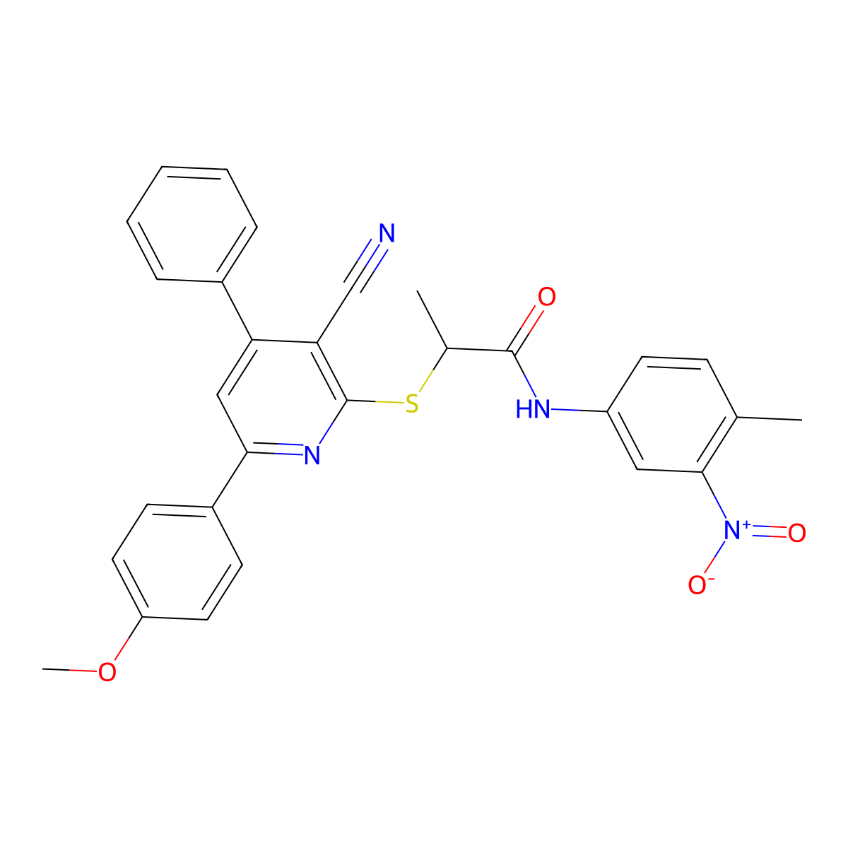 2-((3-Cyano-6-(4-methoxyphenyl)-4-phenylpyridin-2-yl)thio)-N-(4-methyl-3-nitrophenyl)propanamide molecular structure, CAS 332155-79-0