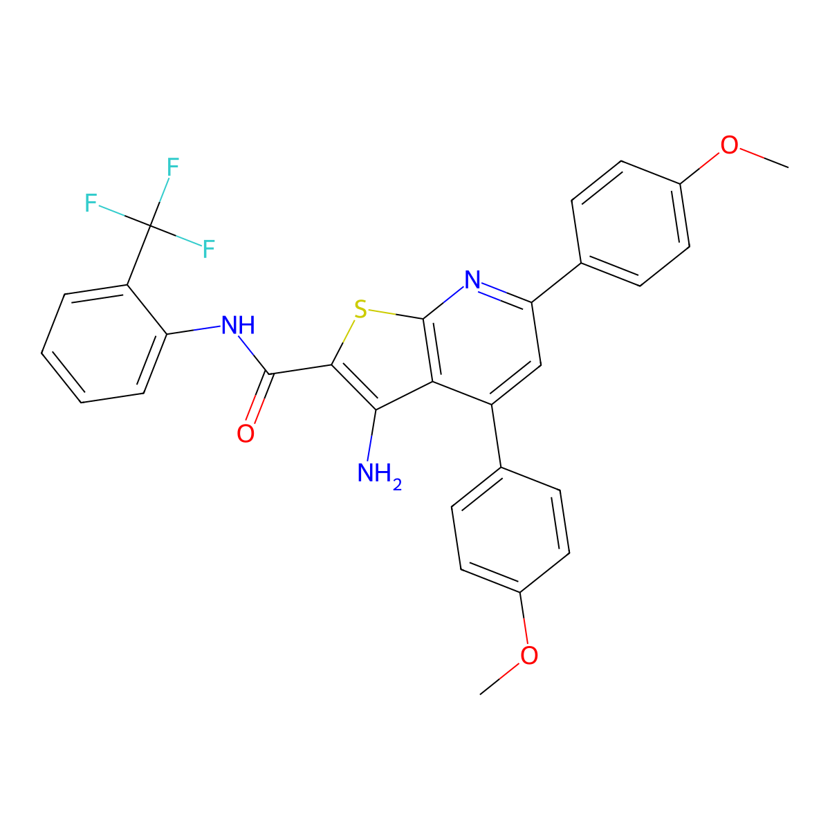 3-Amino-4,6-bis(4-methoxyphenyl)-N-(2-(trifluoromethyl)phenyl)thieno[2,3-b]pyridine-2-carboxamide molecular structure, CAS 332155-94-9