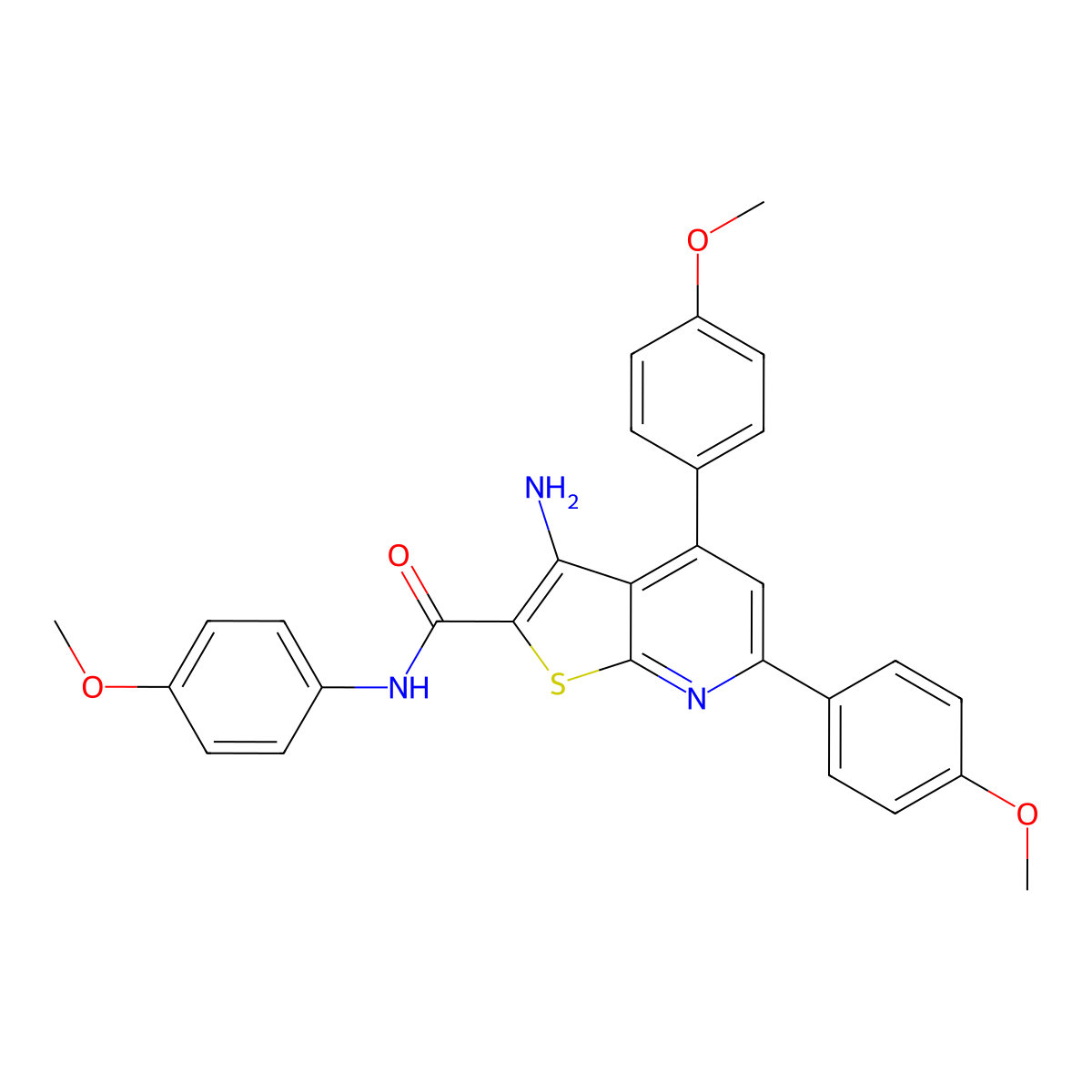 3-amino-N,4,6-tris(4-methoxyphenyl)thieno[2,3-b]pyridine-2-carboxamide molecular structure, CAS 332156-07-7