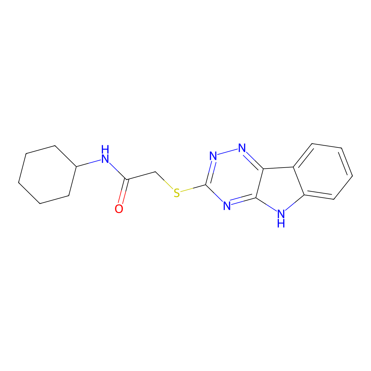 N-cyclohexyl-2-(5H-[1,2,4]triazino[5,6-b]indol-3-ylsulfanyl)acetamide molecular structure, CAS 332157-56-9
