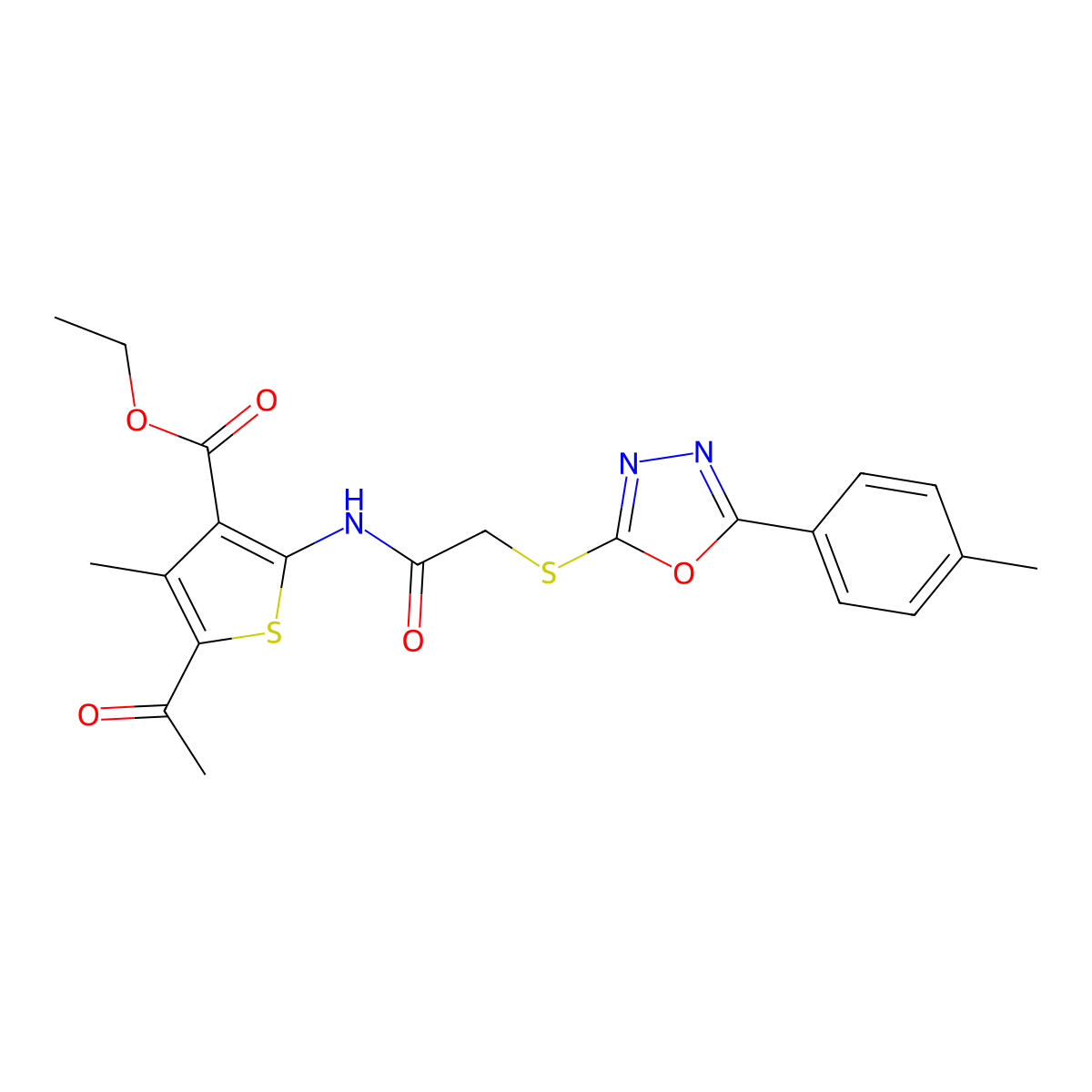 5-Acetyl-4-methyl-2-[2-(5-p-tolyl-[1,3,4]oxadiazol-2-ylsulfanyl)-acetylamino]-thiophene-3-carboxylic acid ethyl ester molecular structure, CAS 332158-15-3