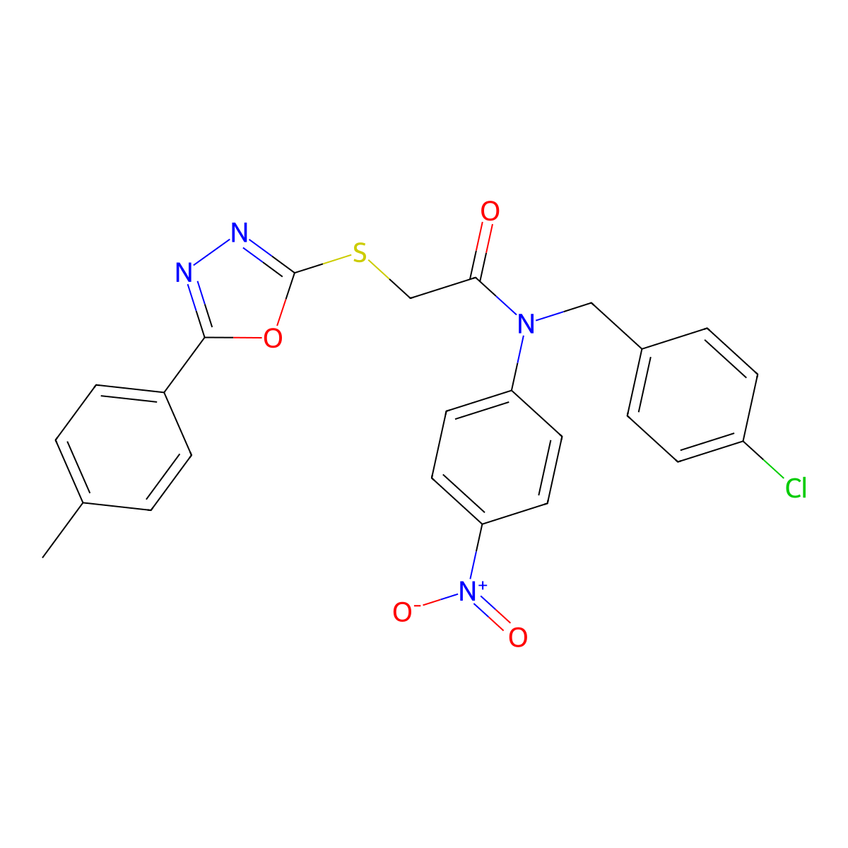 N-(4-Chlorobenzyl)-N-(4-nitrophenyl)-2-((5-(p-tolyl)-1,3,4-oxadiazol-2-yl)thio)acetamide molecular structure, CAS 332158-17-5