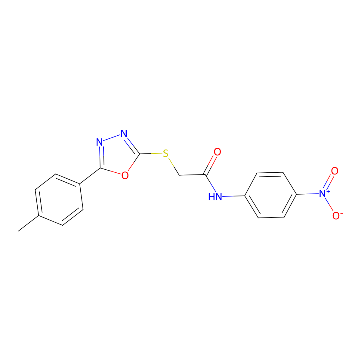 N-(4-nitrophenyl)-2-((5-(p-tolyl)-1,3,4-oxadiazol-2-yl)thio)acetamide molecular structure, CAS 332158-66-4