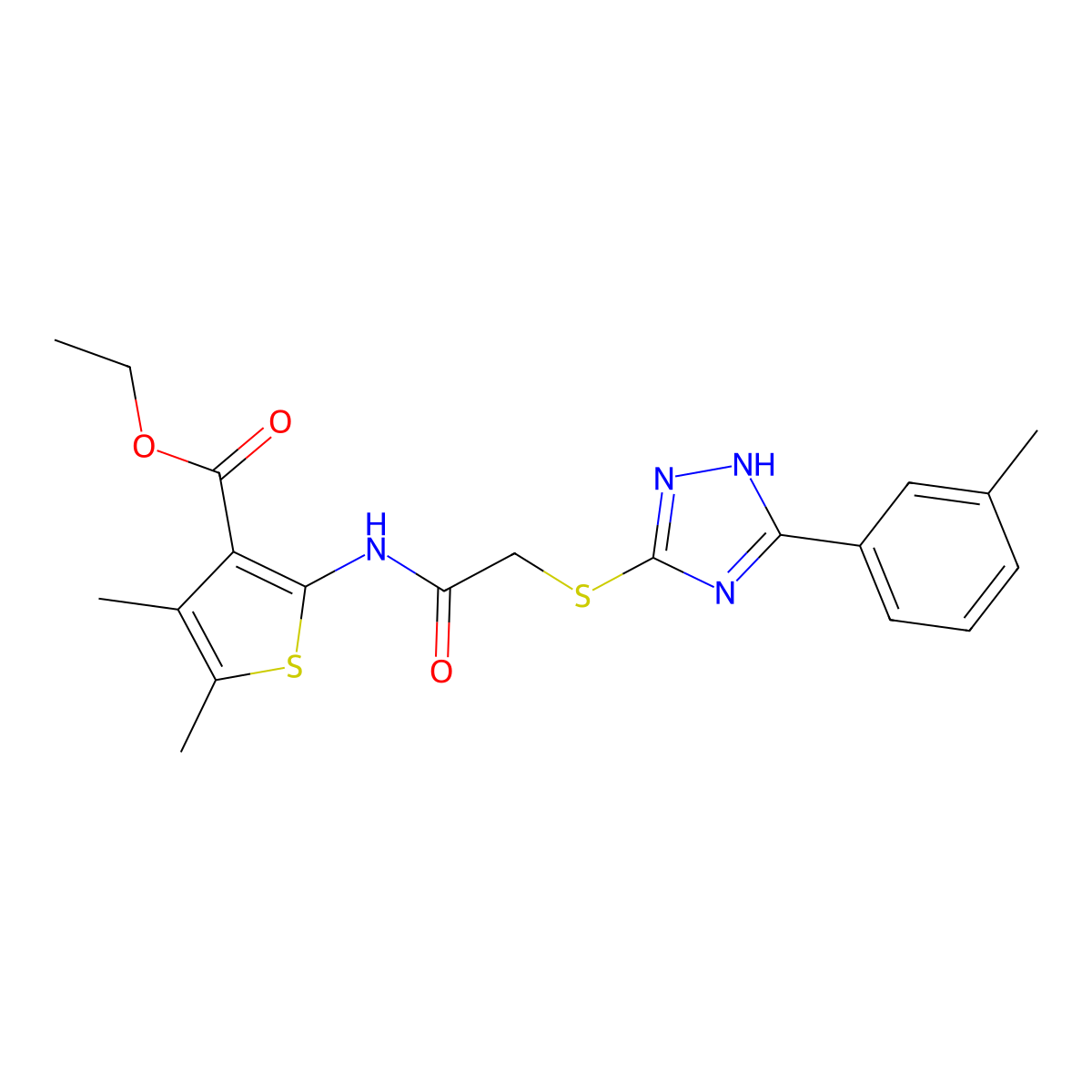 Ethyl 4,5-dimethyl-2-(2-((3-(m-tolyl)-1H-1,2,4-triazol-5-yl)thio)acetamido)thiophene-3-carboxylate molecular structure, CAS 332158-87-9