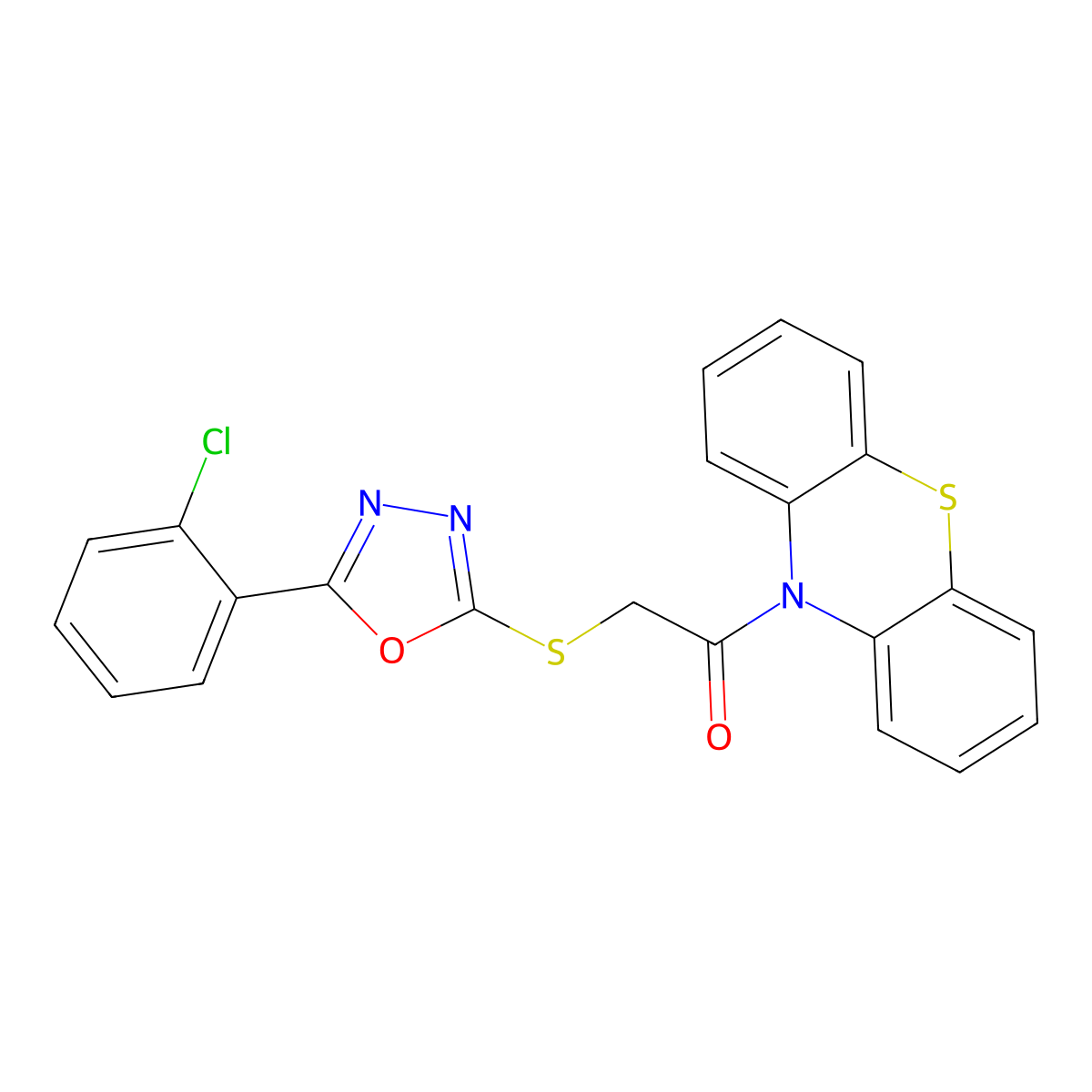 2-[[5-(2-Chlorophenyl)-1,3,4-oxadiazol-2-yl]sulfanyl]-1-phenothiazin-10-ylethanone molecular structure, CAS 332159-71-4