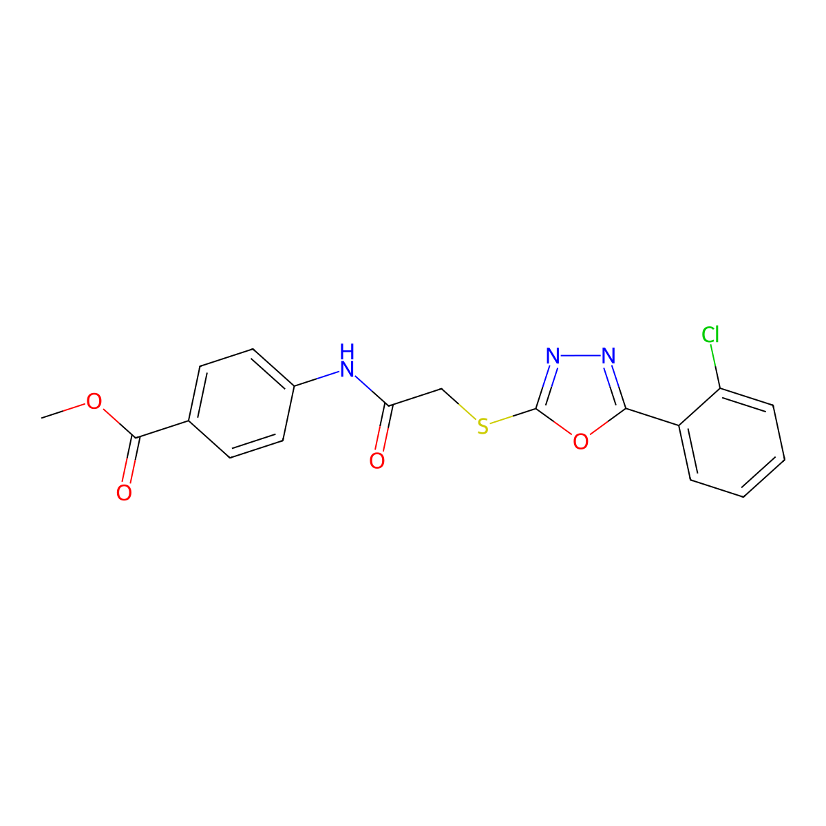 Methyl 4-(2-((5-(2-chlorophenyl)-1,3,4-oxadiazol-2-yl)thio)acetamido)benzoate molecular structure, CAS 332161-01-0