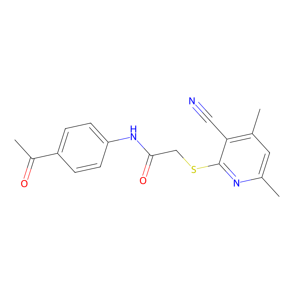 N-(4-Acetyl-phenyl)-2-(3-cyano-4,6-dimethyl-pyridin-2-ylsulfanyl)-acetamide molecular structure, CAS 332161-02-1