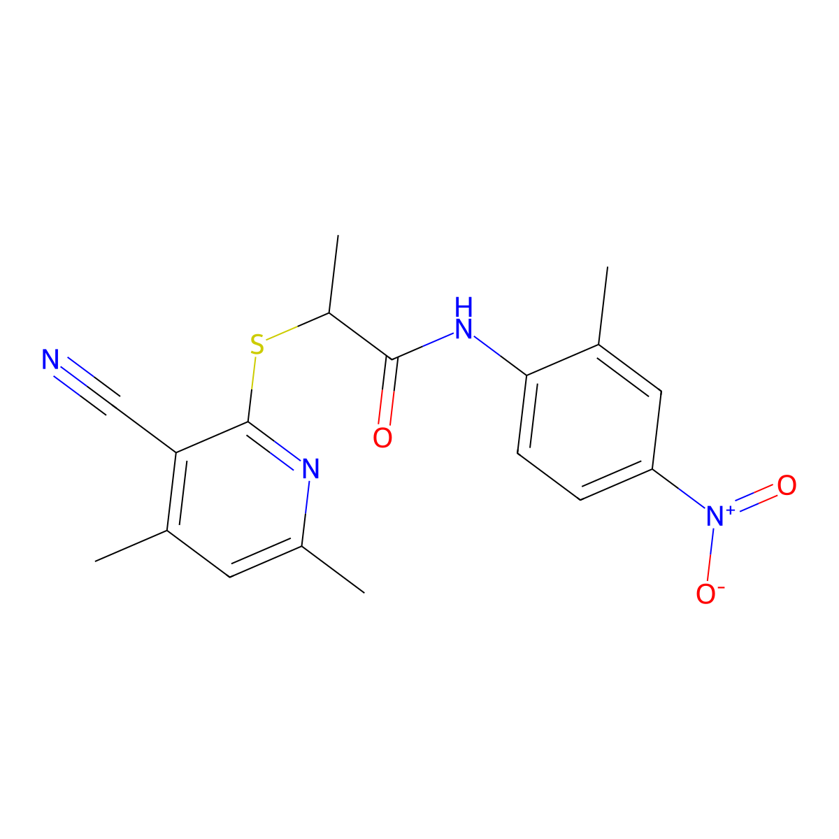 2-((3-Cyano-4,6-dimethylpyridin-2-yl)thio)-N-(2-methyl-4-nitrophenyl)propanamide molecular structure, CAS 332161-05-4