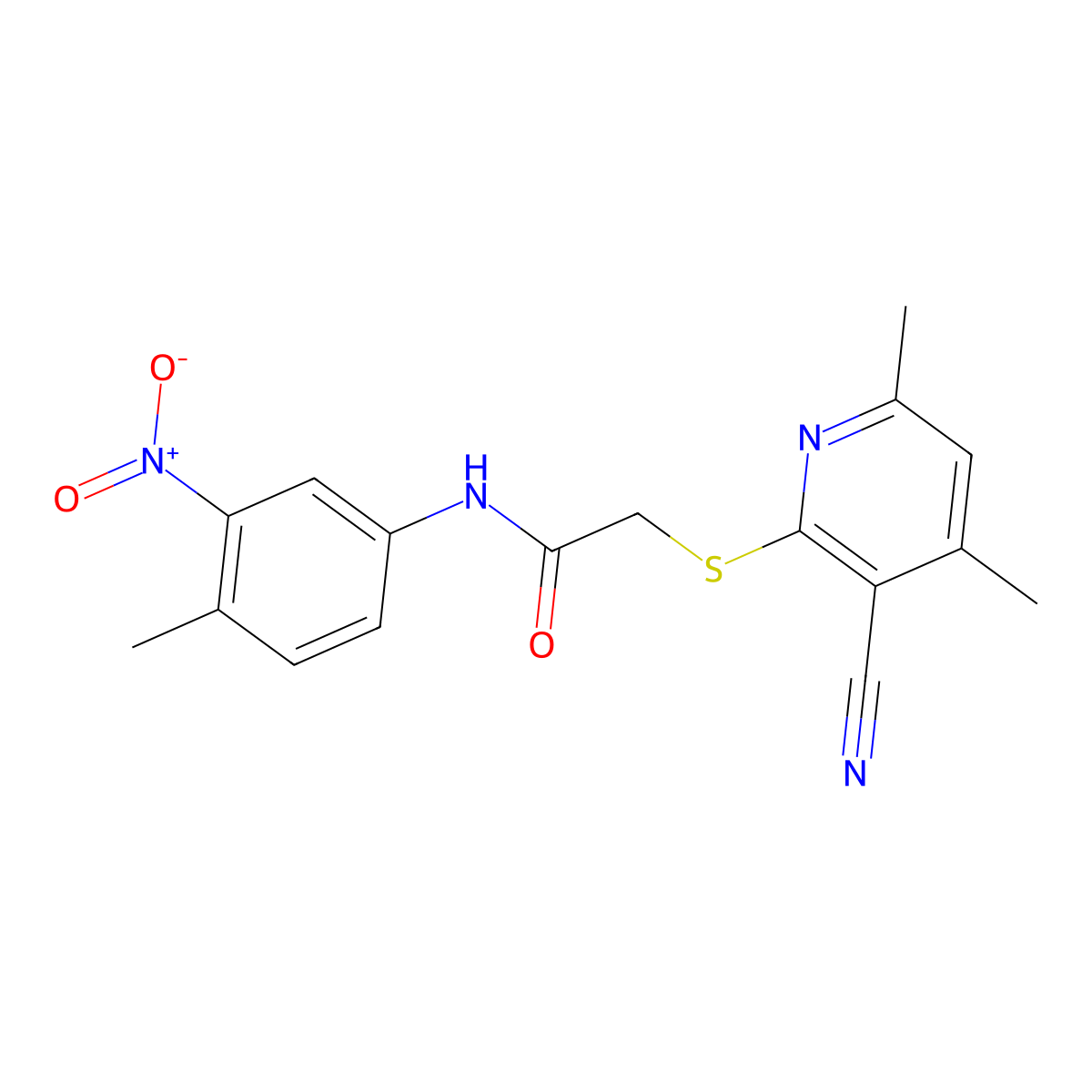 2-((3-Cyano-4,6-dimethylpyridin-2-yl)thio)-N-(4-methyl-3-nitrophenyl)acetamide molecular structure, CAS 332161-14-5