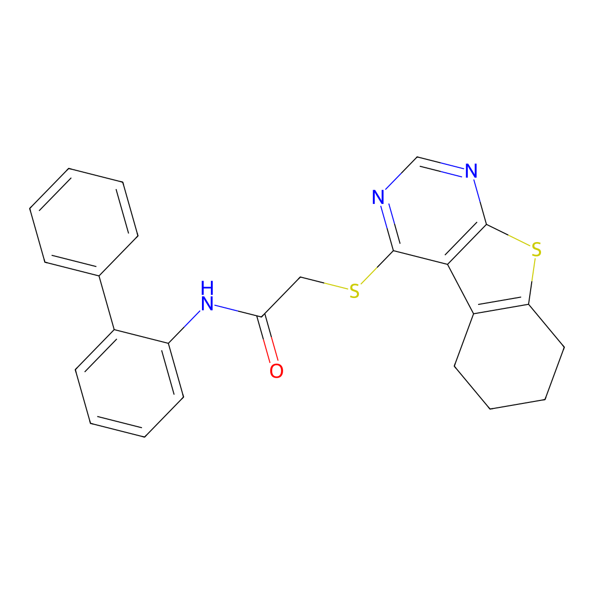 N-(2-phenylphenyl)-2-(5,6,7,8-tetrahydrobenzo[b]thiopheno[3,2-e]pyrimidin-4-yl thio)acetamide molecular structure, CAS 332161-16-7