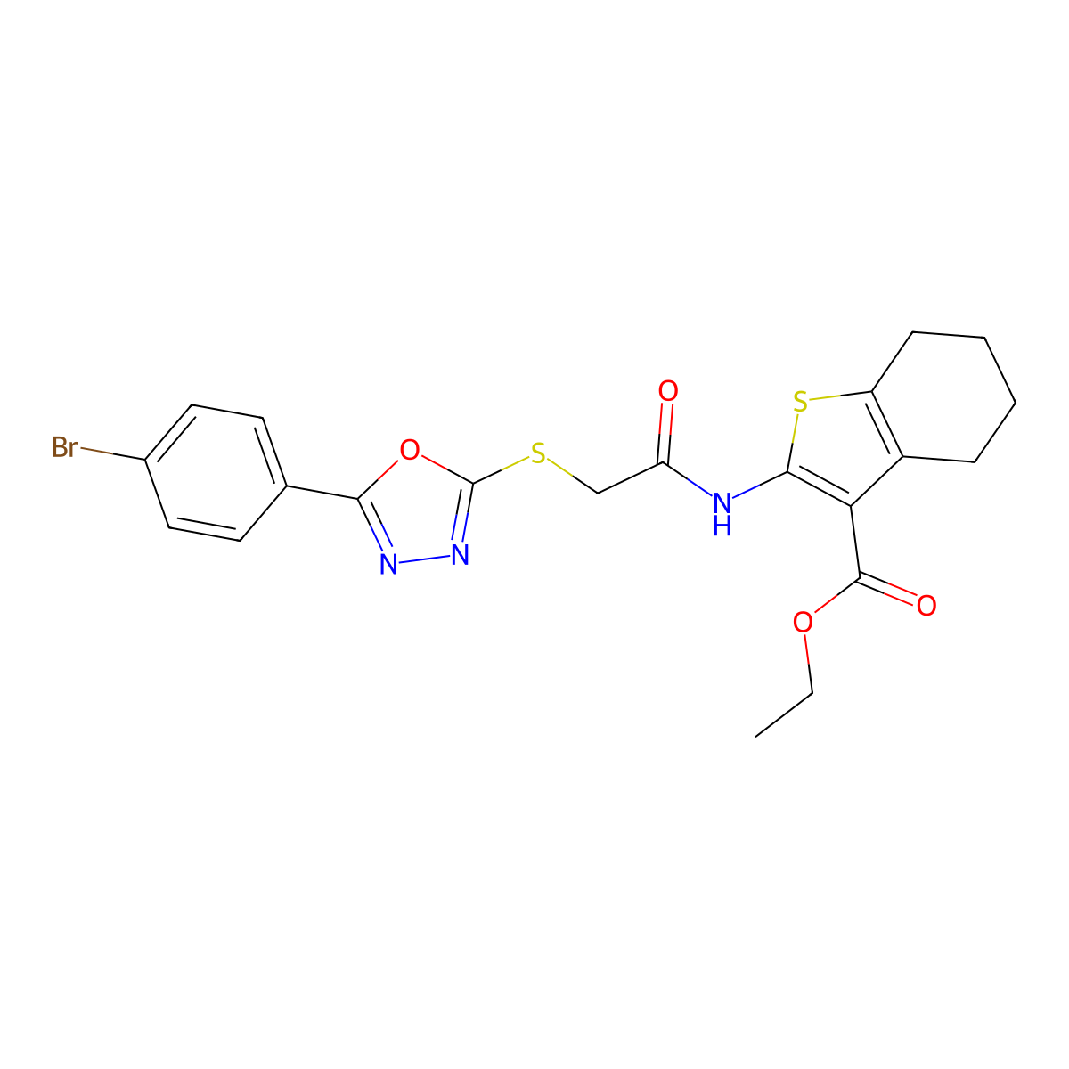 Ethyl 2-(2-((5-(4-bromophenyl)-1,3,4-oxadiazol-2-yl)thio)acetamido)-4,5,6,7-tetrahydrobenzo[b]thiophene-3-carboxylate molecular structure, CAS 332161-19-0
