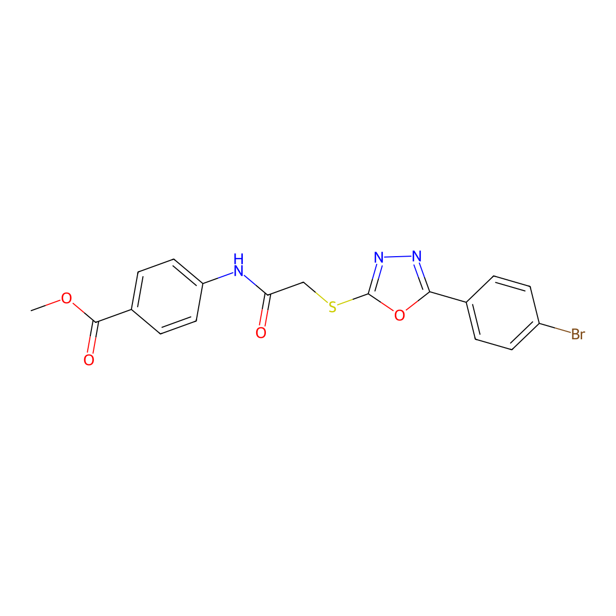Methyl 4-(2-((5-(4-bromophenyl)-1,3,4-oxadiazol-2-yl)thio)acetamido)benzoate molecular structure, CAS 332161-22-5