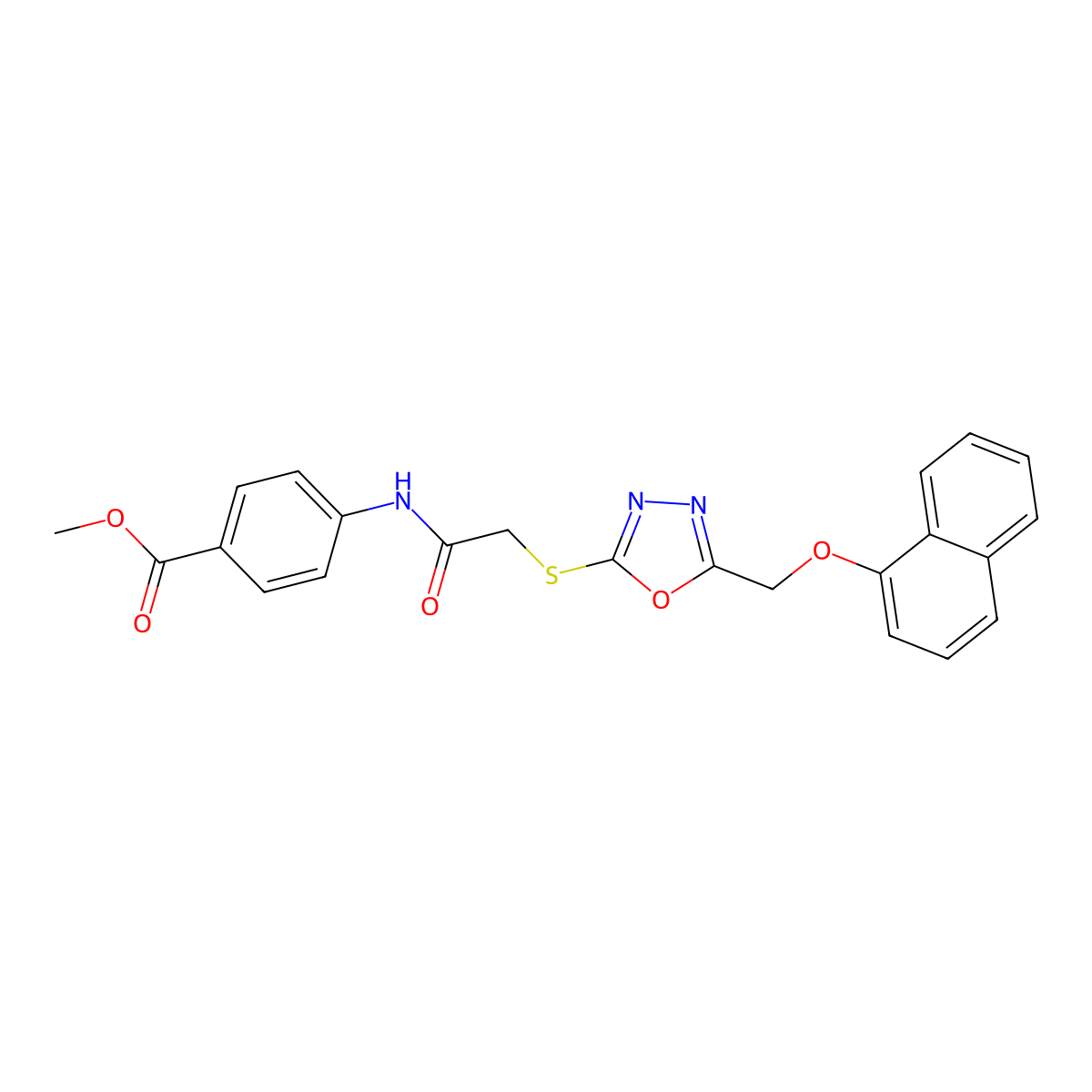 Methyl 4-(2-((5-((naphthalen-1-yloxy)methyl)-1,3,4-oxadiazol-2-yl)thio)acetamido)benzoate molecular structure, CAS 332161-25-8