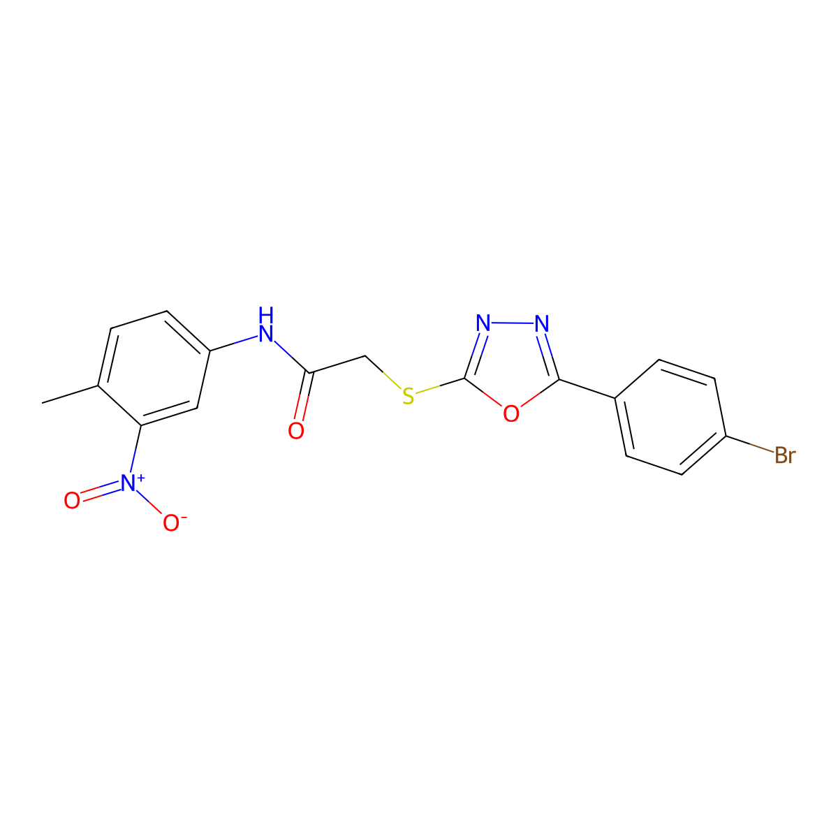 2-((5-(4-Bromophenyl)-1,3,4-oxadiazol-2-yl)thio)-N-(4-methyl-3-nitrophenyl)acetamide molecular structure, CAS 332161-29-2