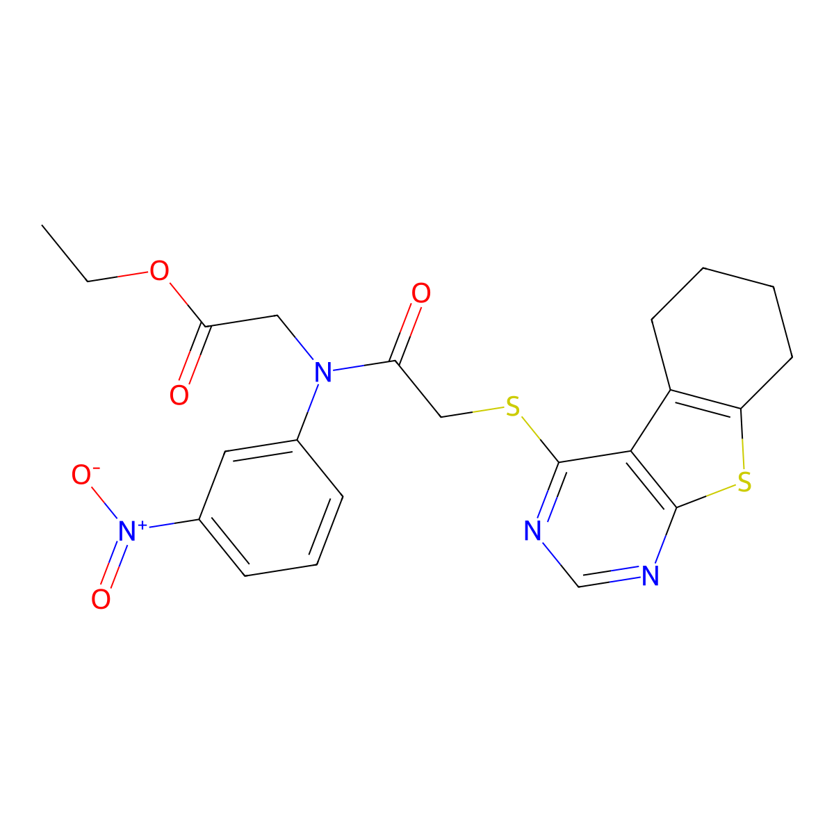 Ethyl 2-(N-(3-nitrophenyl)-2-((5,6,7,8-tetrahydrobenzo[4,5]thieno[2,3-d]pyrimidin-4-yl)thio)acetamido)acetate molecular structure, CAS 332161-32-7