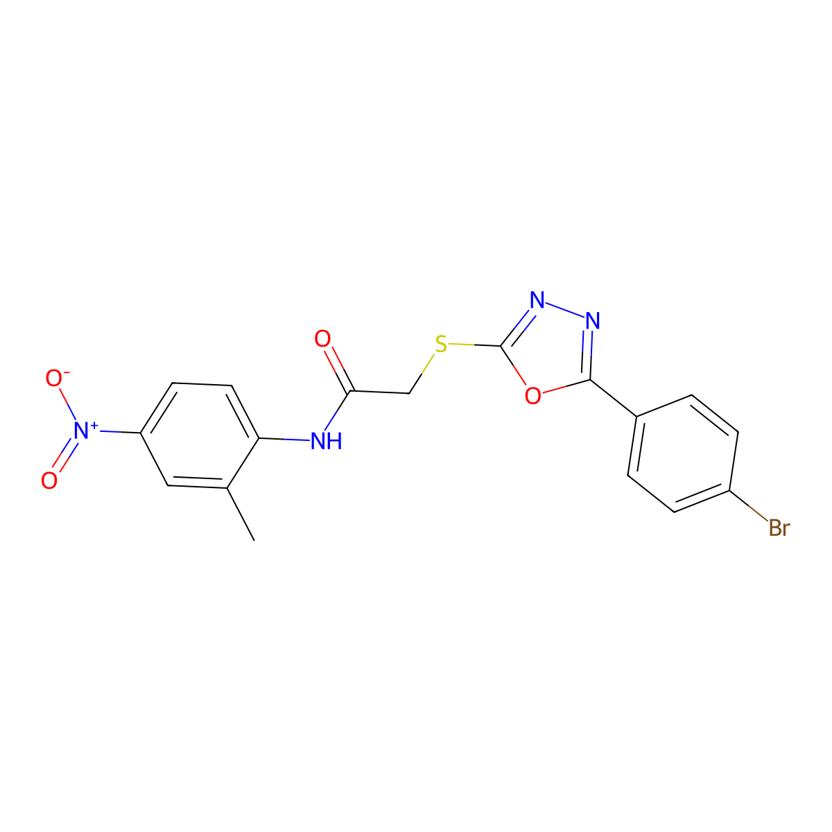 2-((5-(4-Bromophenyl)-1,3,4-oxadiazol-2-yl)thio)-N-(2-methyl-4-nitrophenyl)acetamide molecular structure, CAS 332161-44-1