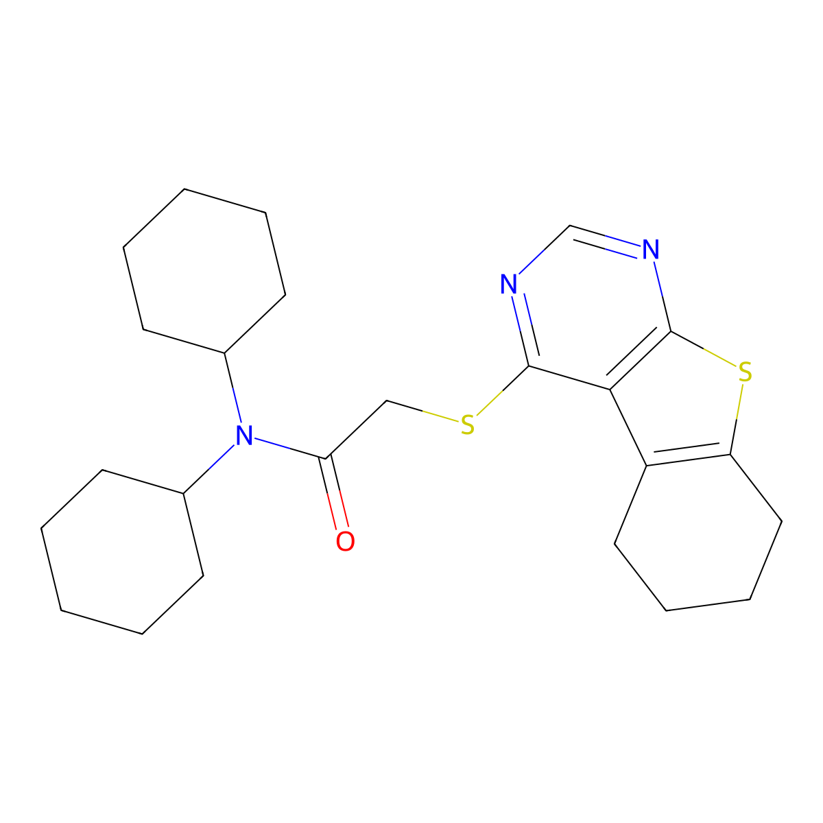 N,N-Dicyclohexyl-2-((5,6,7,8-tetrahydrobenzo[4,5]thieno[2,3-d]pyrimidin-4-yl)thio)acetamide molecular structure, CAS 332161-56-5