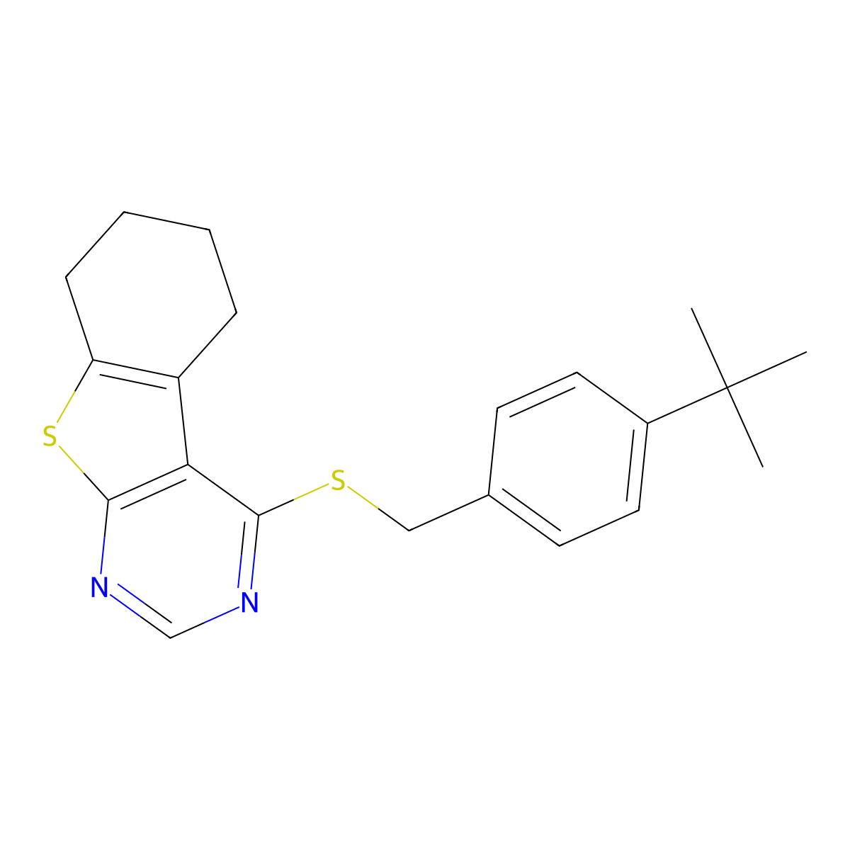 4-((4-(tert-Butyl)benzyl)thio)-5,6,7,8-tetrahydrobenzo[4,5]thieno[2,3-d]pyrimidine molecular structure, CAS 332161-75-8