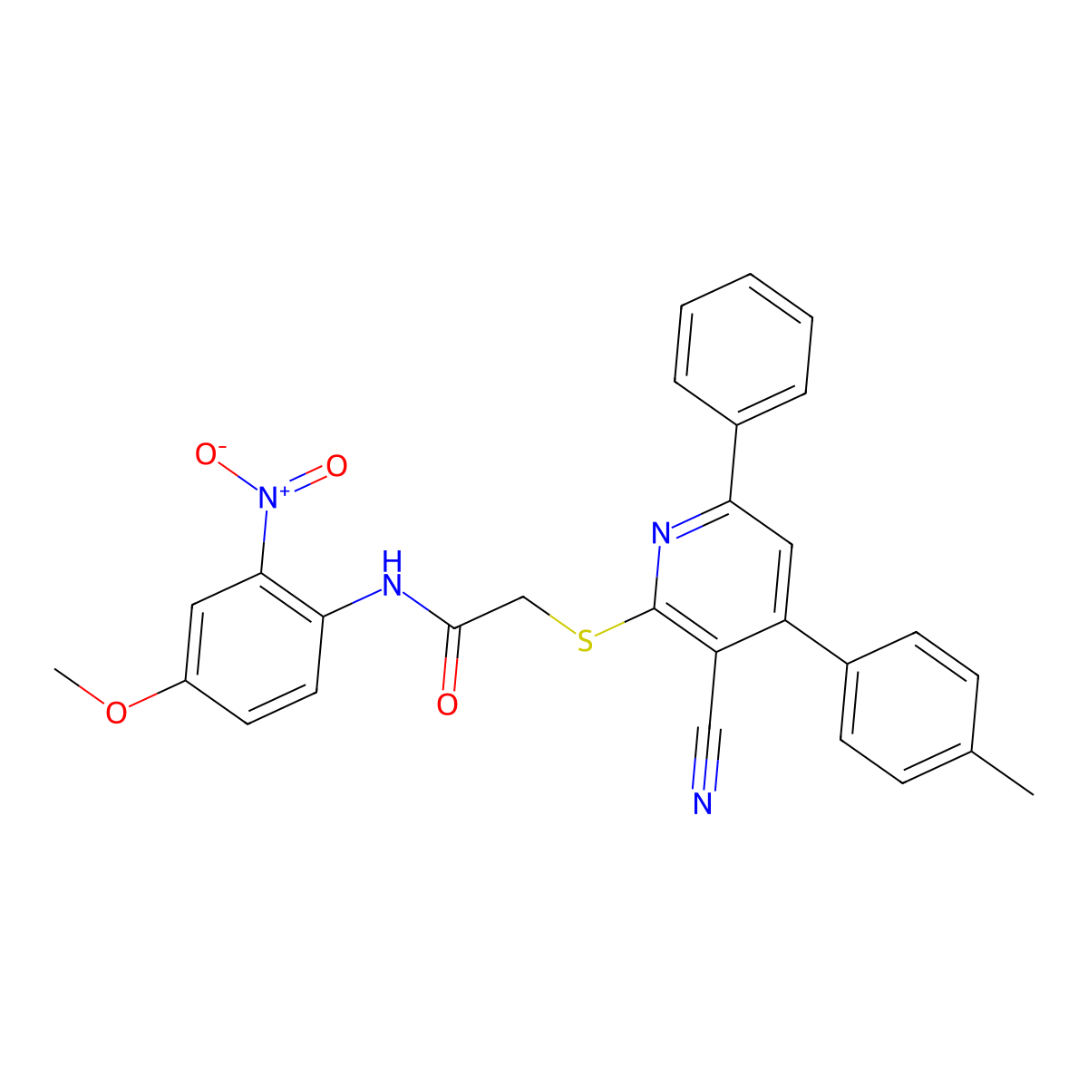 2-((3-Cyano-6-phenyl-4-(p-tolyl)pyridin-2-yl)thio)-N-(4-methoxy-2-nitrophenyl)acetamide molecular structure, CAS 332161-76-9