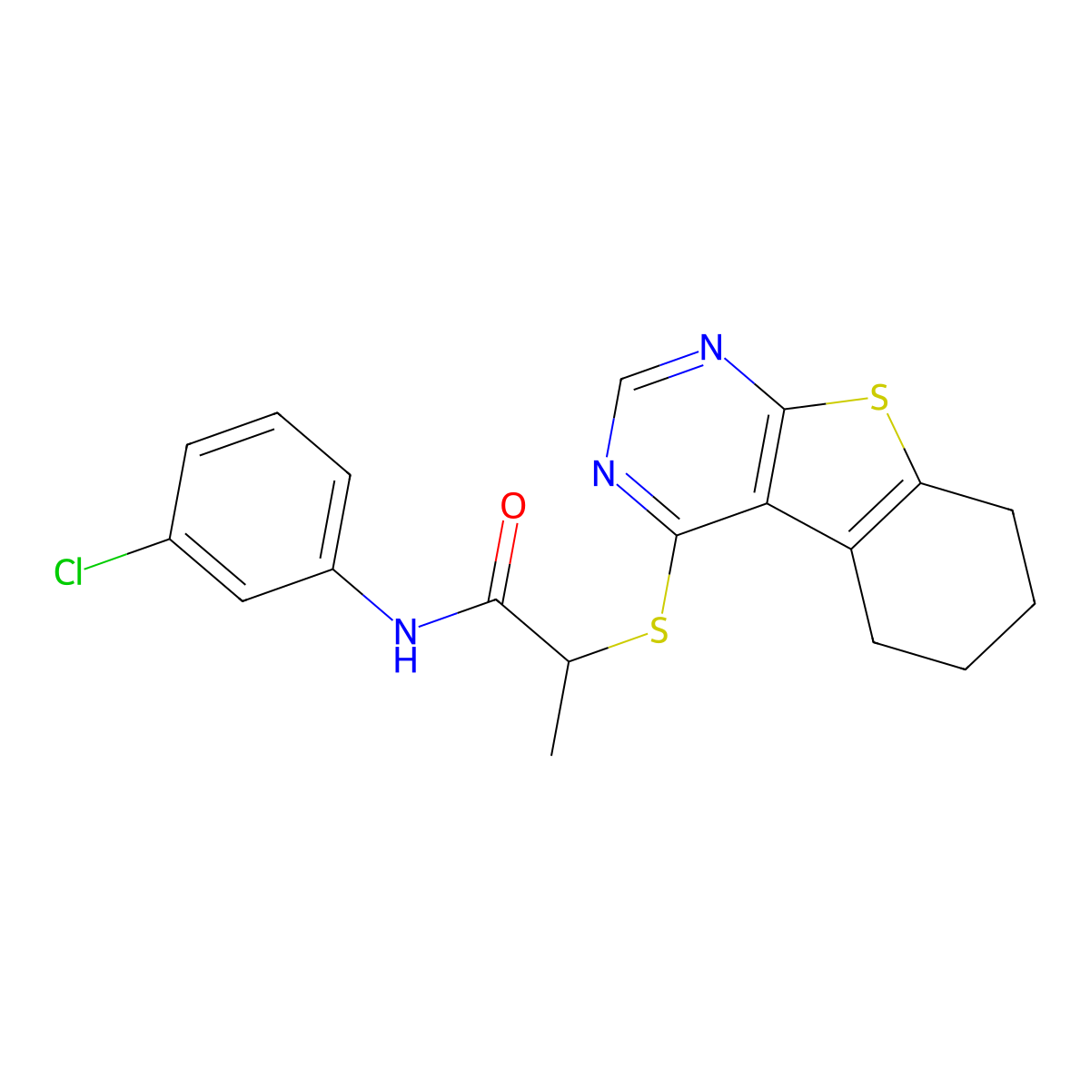 N-(3-Chlorophenyl)-2-((5,6,7,8-tetrahydrobenzo[4,5]thieno[2,3-d]pyrimidin-4-yl)thio)propanamide molecular structure, CAS 332161-81-6
