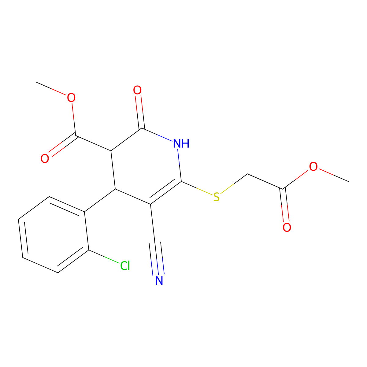Methyl 4-(2-chlorophenyl)-5-cyano-6-[(2-methoxy-2-oxoethyl)sulfanyl]-2-oxo-1,2,3,4-tetrahydropyridine-3-carboxylate molecular structure, CAS 332161-86-1