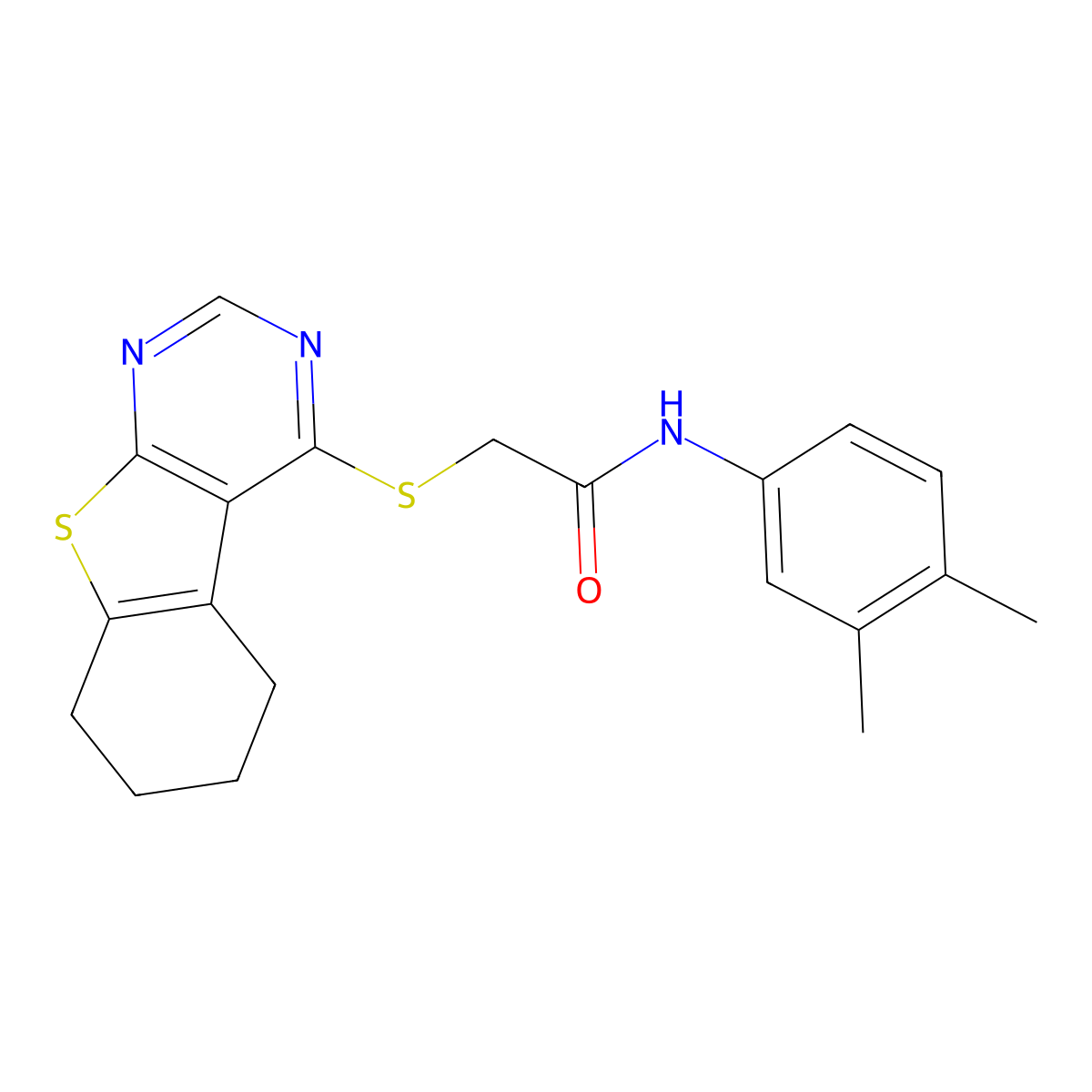 N-(3,4-Dimethylphenyl)-2-((5,6,7,8-tetrahydrobenzo[4,5]thieno[2,3-d]pyrimidin-4-yl)thio)acetamide molecular structure, CAS 332161-97-4