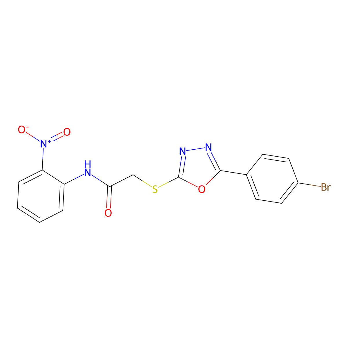2-((5-(4-Bromophenyl)-1,3,4-oxadiazol-2-yl)thio)-N-(2-nitrophenyl)acetamide molecular structure, CAS 332162-00-2