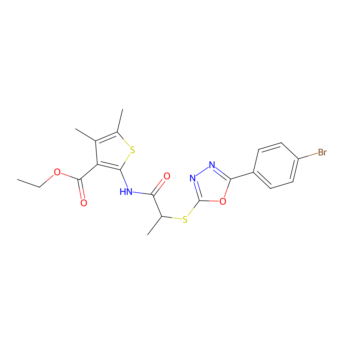 Ethyl 2-(2-((5-(4-bromophenyl)-1,3,4-oxadiazol-2-yl)thio)propanamido)-4,5-dimethylthiophene-3-carboxylate molecular structure, CAS 332162-04-6