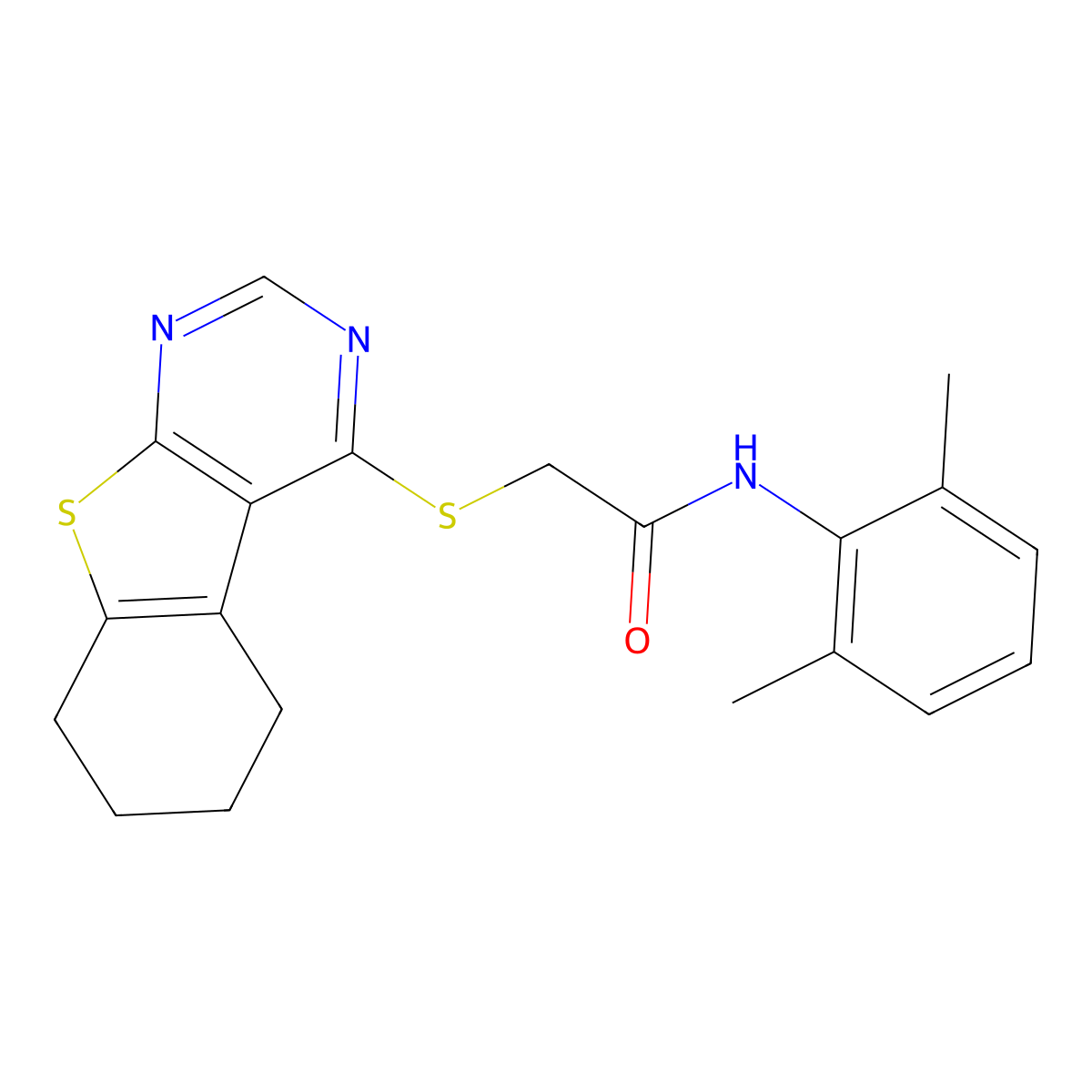 N-(2,6-dimethylphenyl)-2-(5,6,7,8-tetrahydro[1]benzothieno[2,3-d]pyrimidin-4-ylsulfanyl)acetamide molecular structure, CAS 332162-06-8