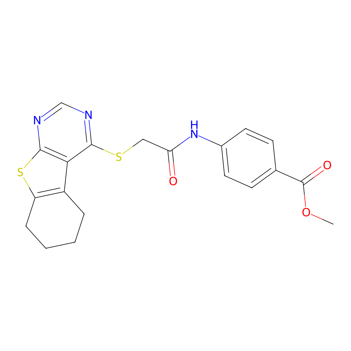 Methyl 4-{[(5,6,7,8-tetrahydro[1]benzothieno[2,3-d]pyrimidin-4-ylsulfanyl)acetyl]amino}benzoate molecular structure, CAS 332162-14-8